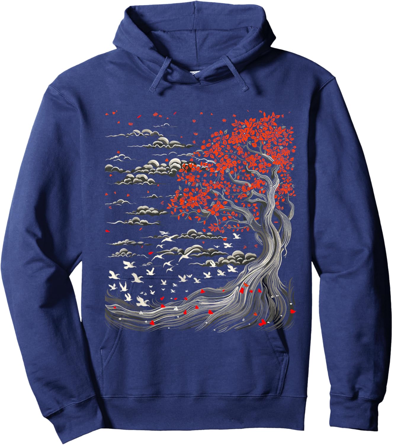 Japanese Tree, Birds, Clouds Art, Natur Lover, Men, Women Hoodie - Hoodie | Navy