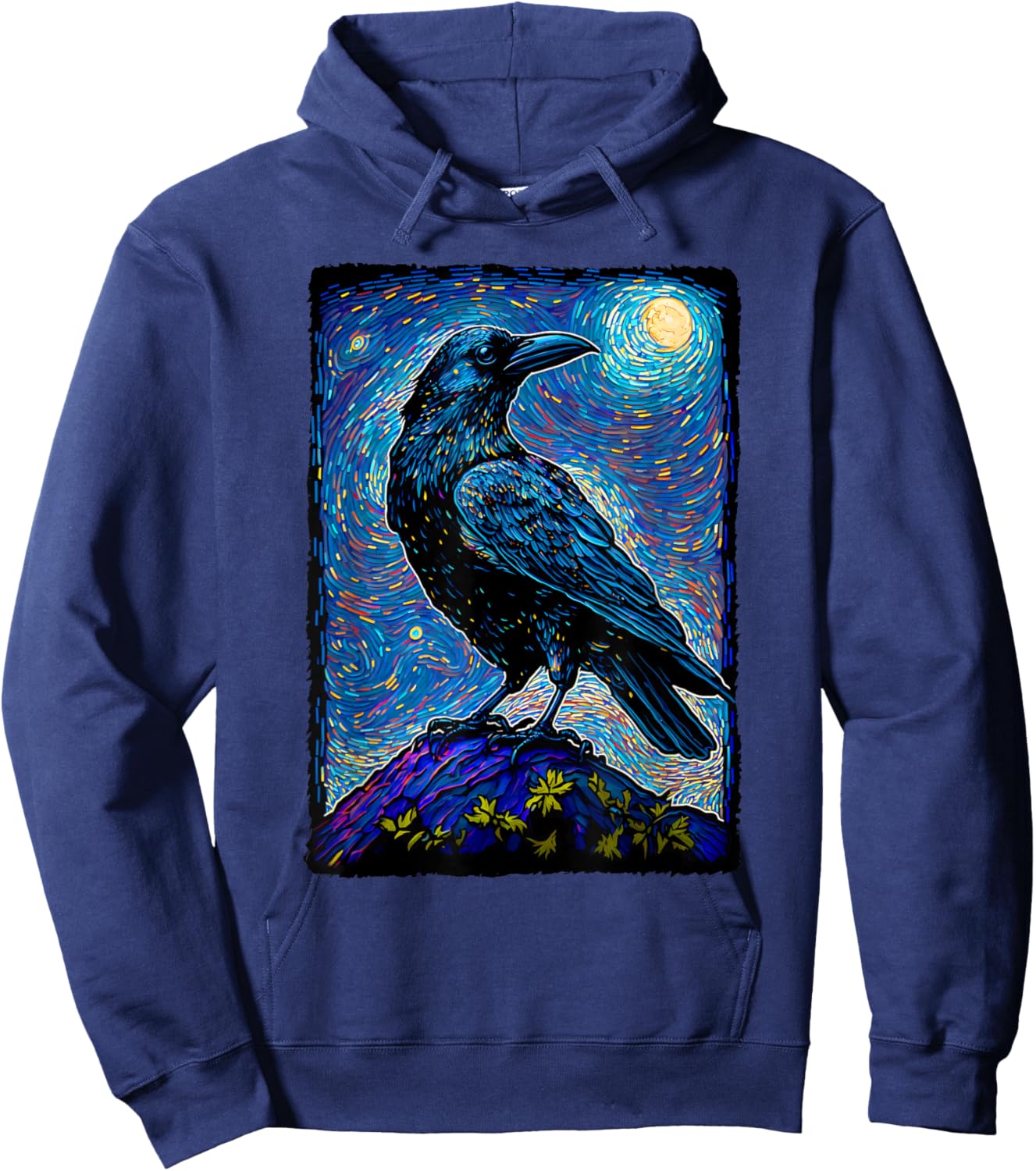 Raven Starry Night Style Painting, Van Gogh Crow Lover Hoodie - Hoodie | Navy
