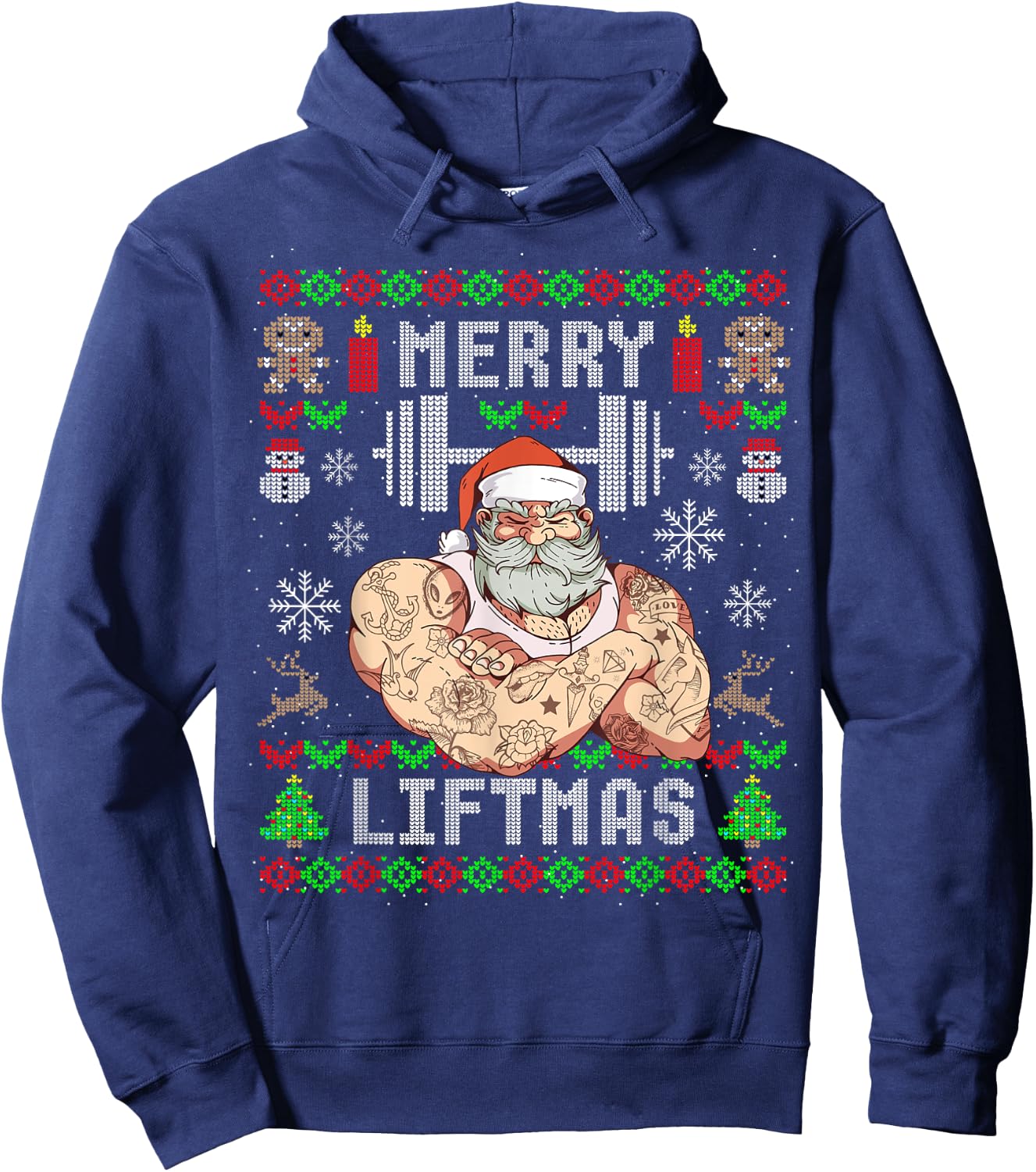 Funny Merry Liftmas Ugly Christmas Workout Powerlifting Hoodie - Hoodie | Navy