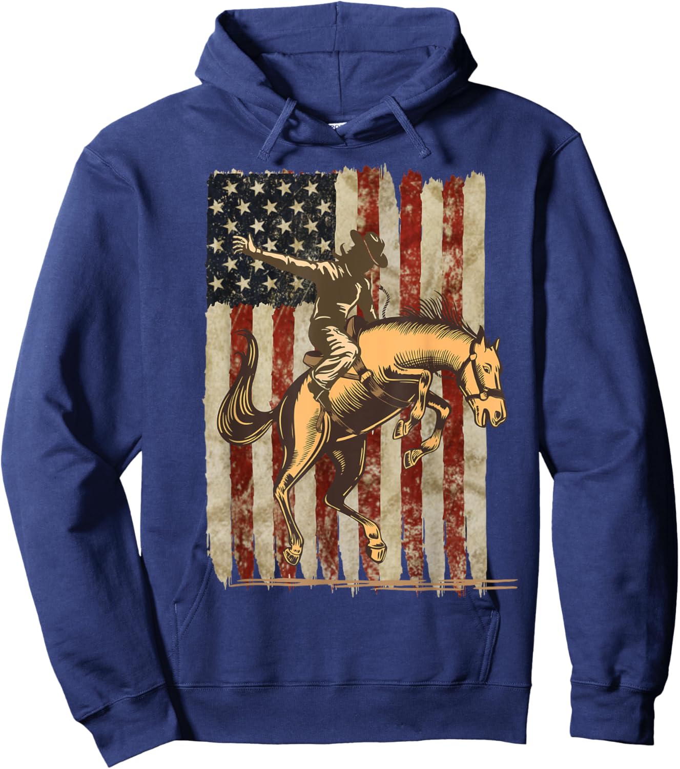 Patriotic Rodeo Cowboy Bronc Rider: Distressed US Flag Hoodie - Hoodie | Navy