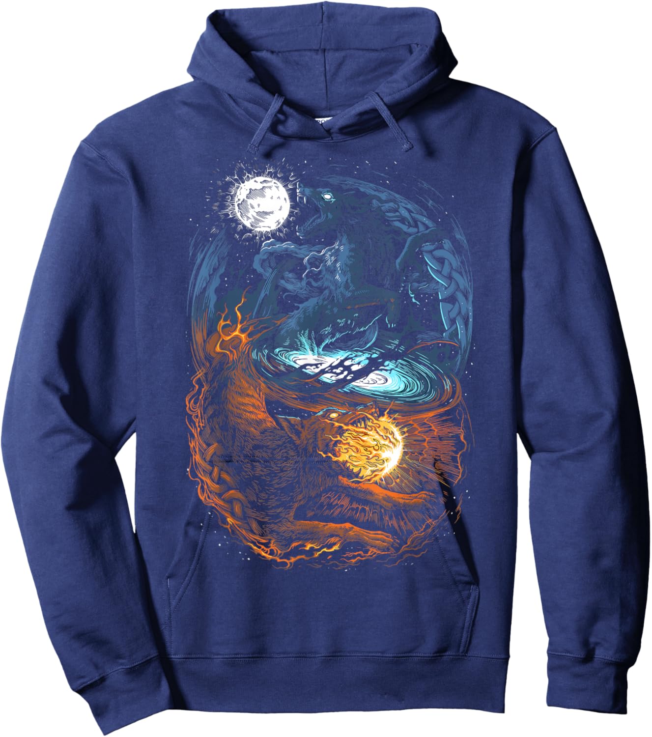 Hati and Skoll - Vikings Norse Mythology - Fenrir Wolf Hoodie - Hoodie | Navy