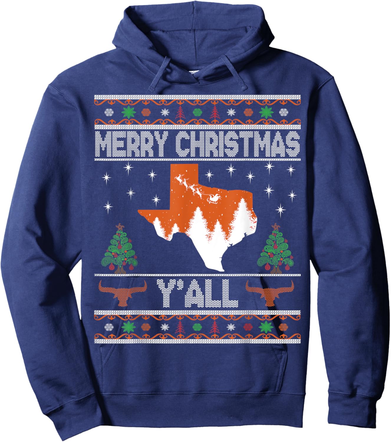 Merry Xmas Y'all Texas Ugly Matching Family Longhorn Sweater Hoodie - Hoodie | Navy