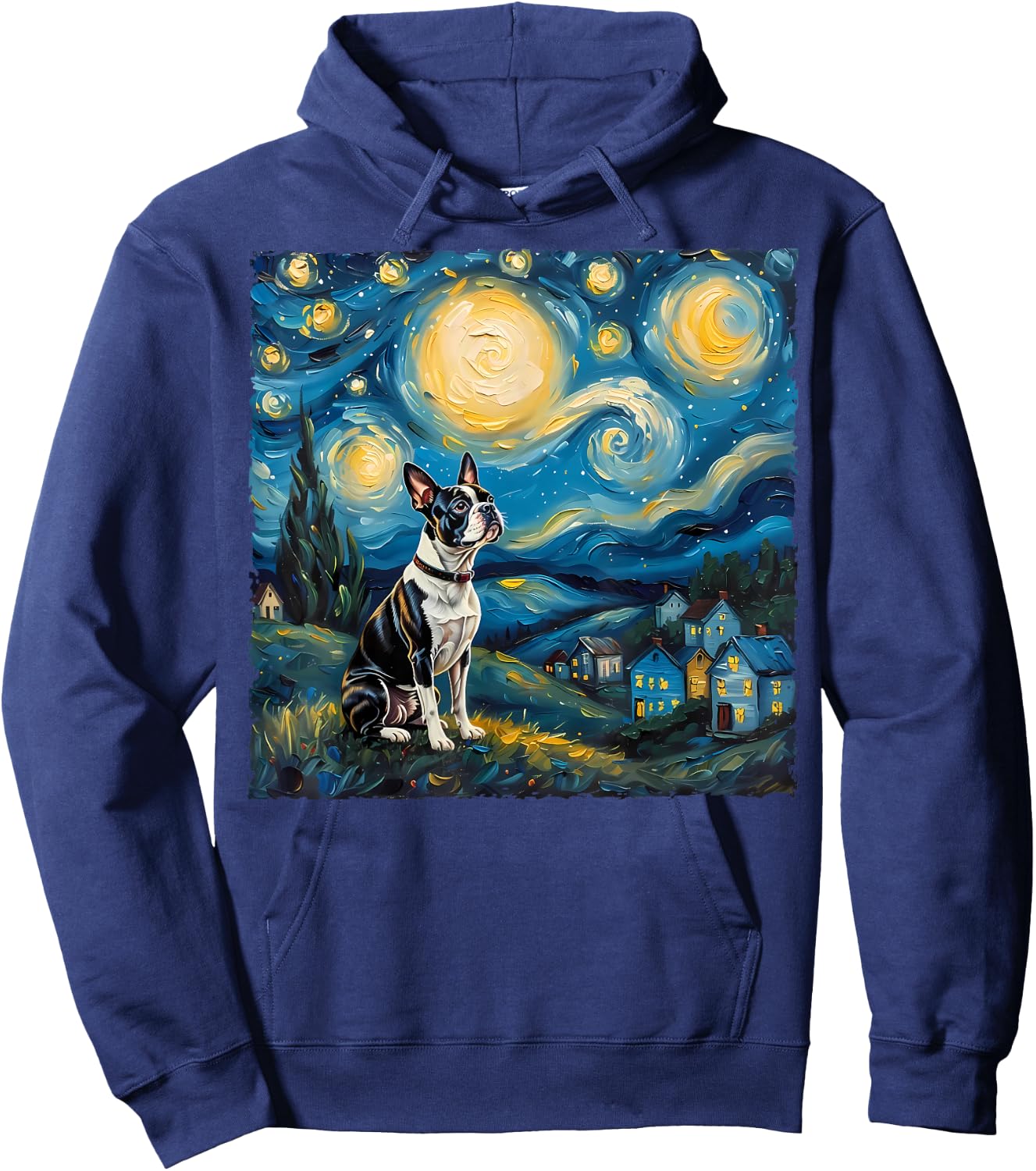 Boston Terrier Dog Lovers Starry Night Van Gogh Style Art Hoodie - Hoodie | Navy