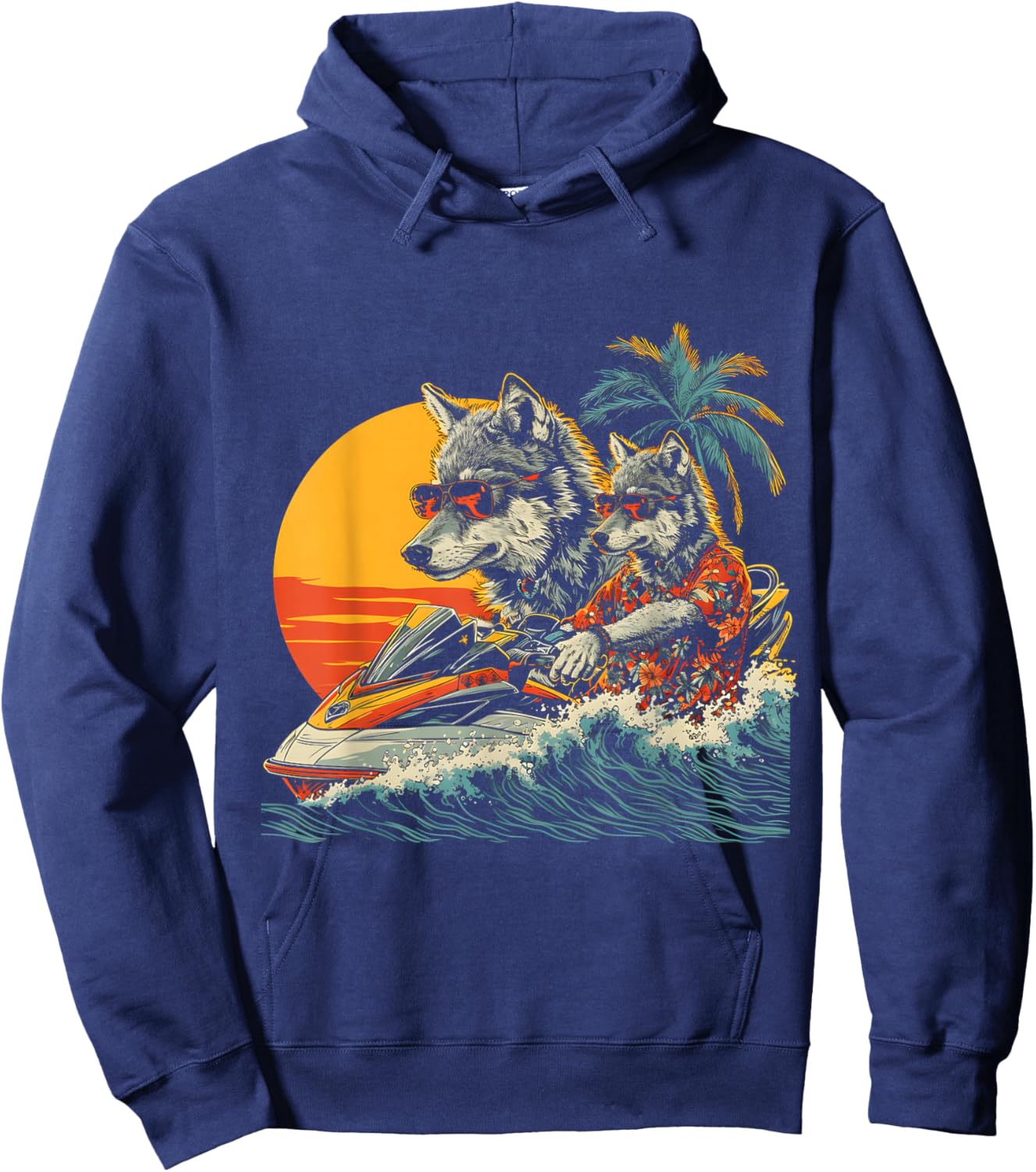 Wolf Driving Jet Ski Wear Hawaiian And Sunglass Sport Hoodie - Hoodie | Navy