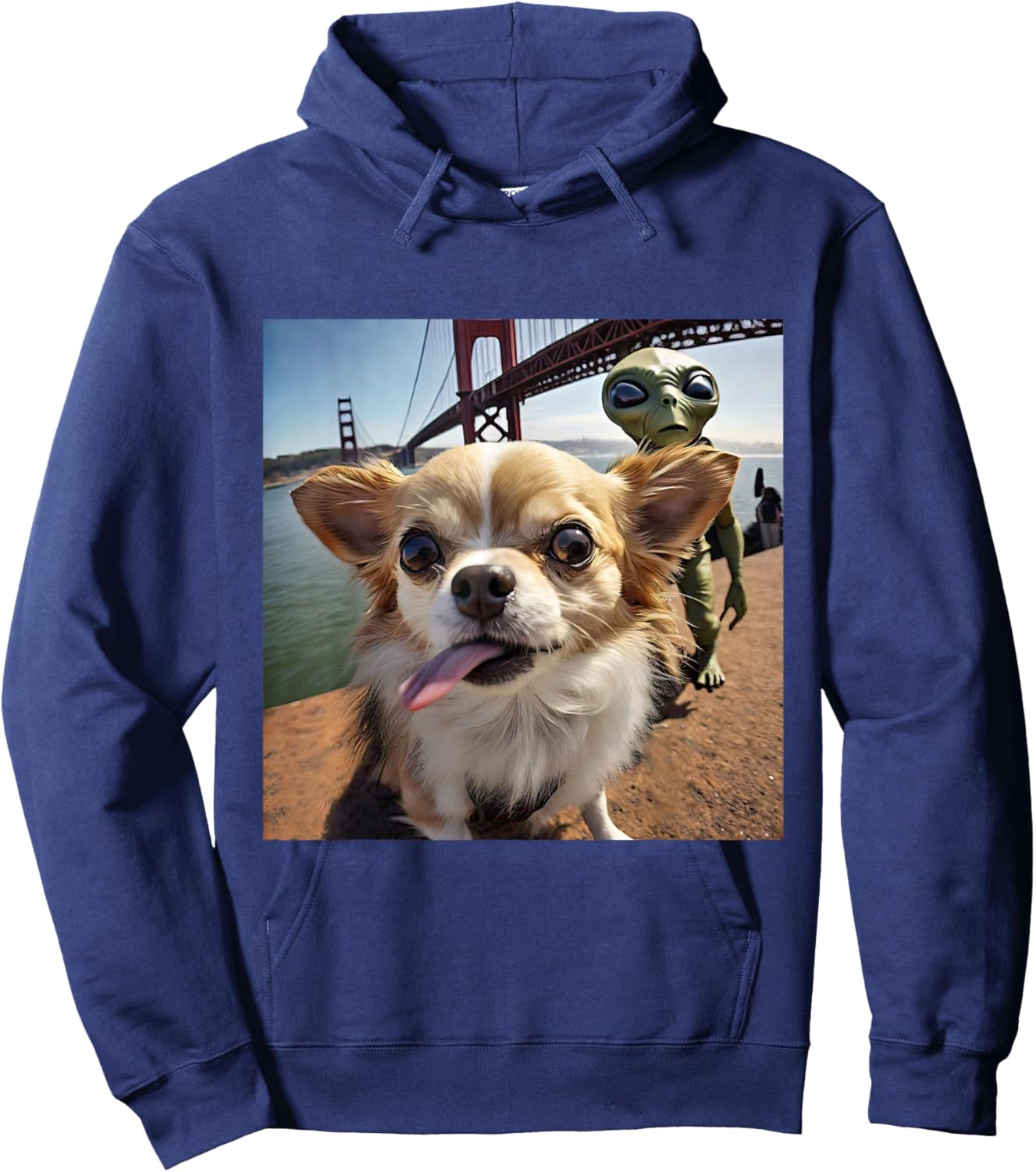 CHIHUAHUA selfie UFO alien Golden Gate Bridge dog dad mom Men Women Hoodie - Hoodie | Navy