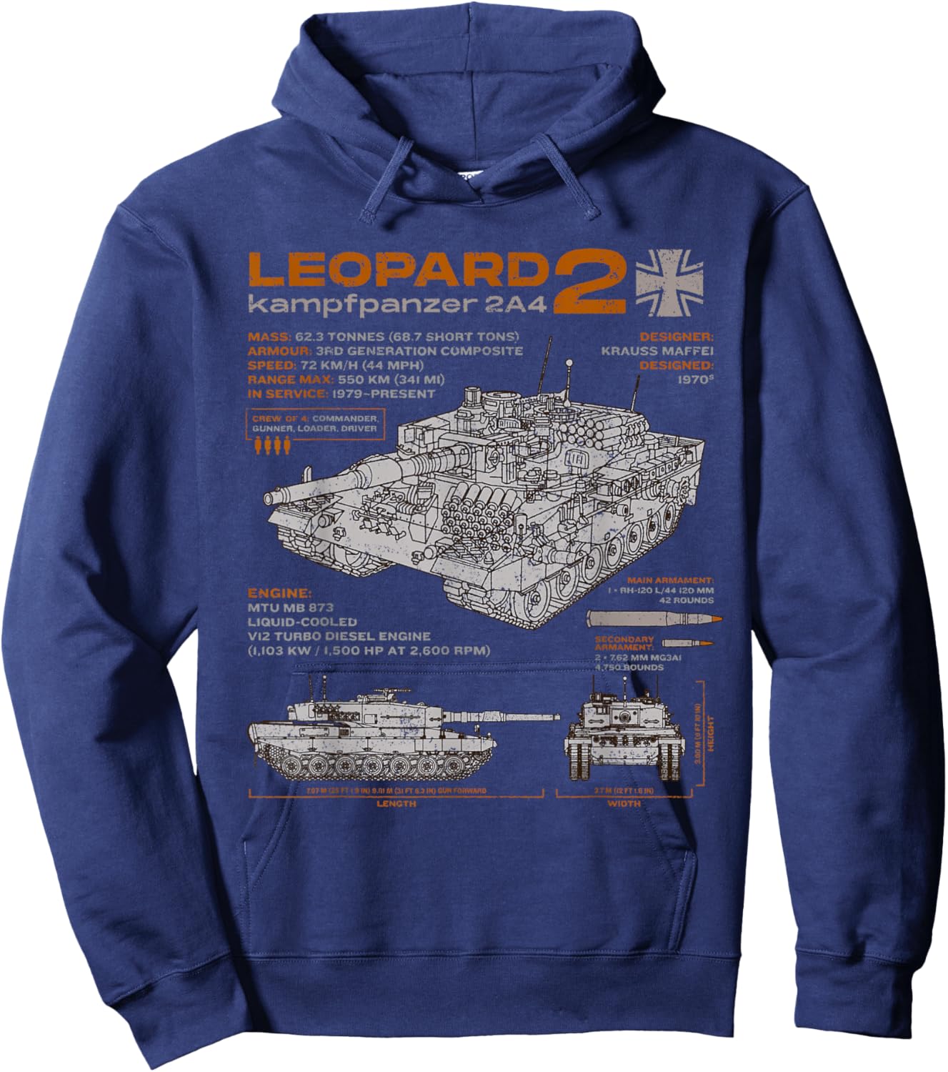 Leopard 2 2A4 Tank Armored Vehicle Blueprint Drawing Hoodie - Hoodie | Navy