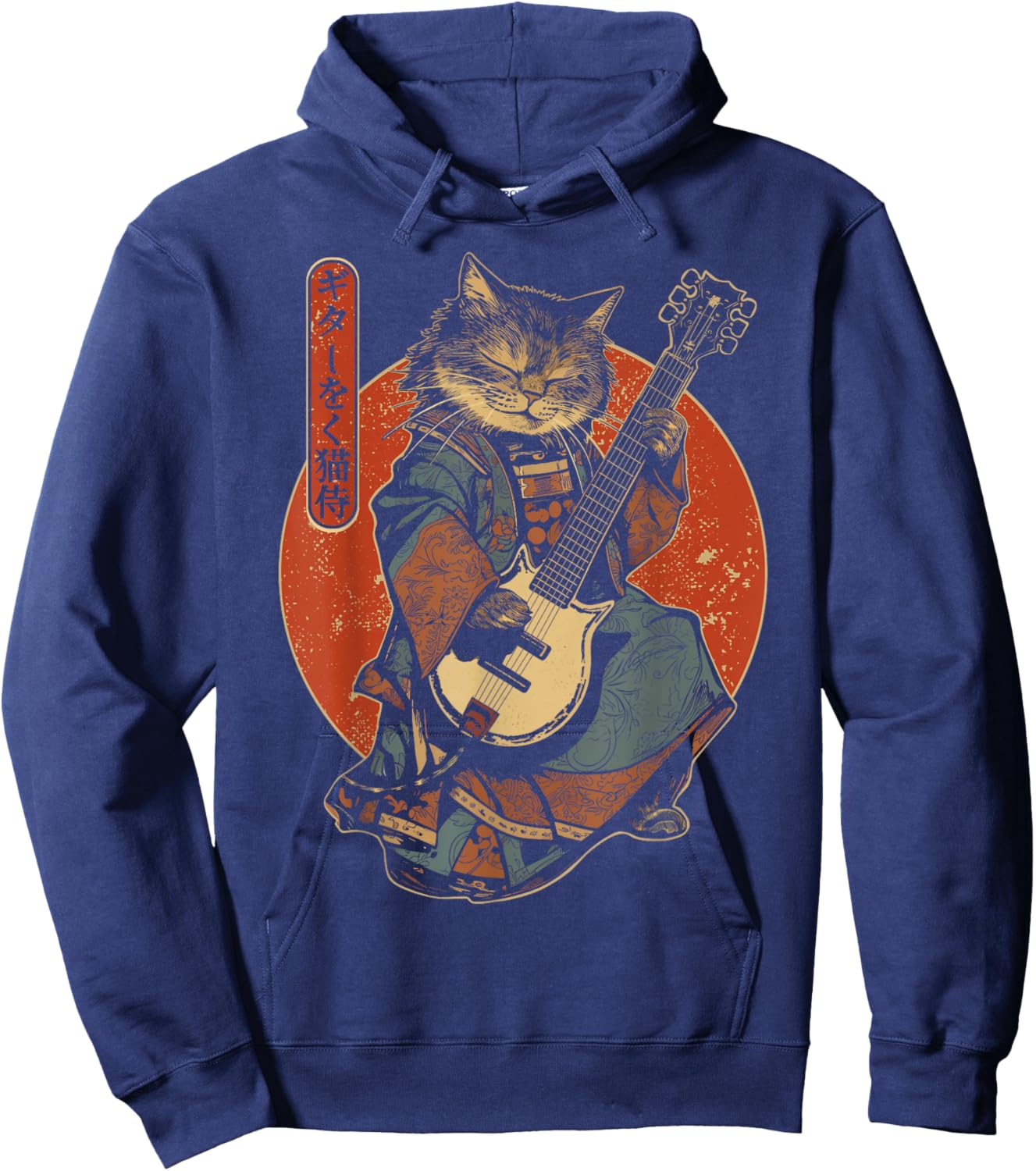Japanese Samurai Cat Playing The Electric Guitar Hoodie - Hoodie | Navy