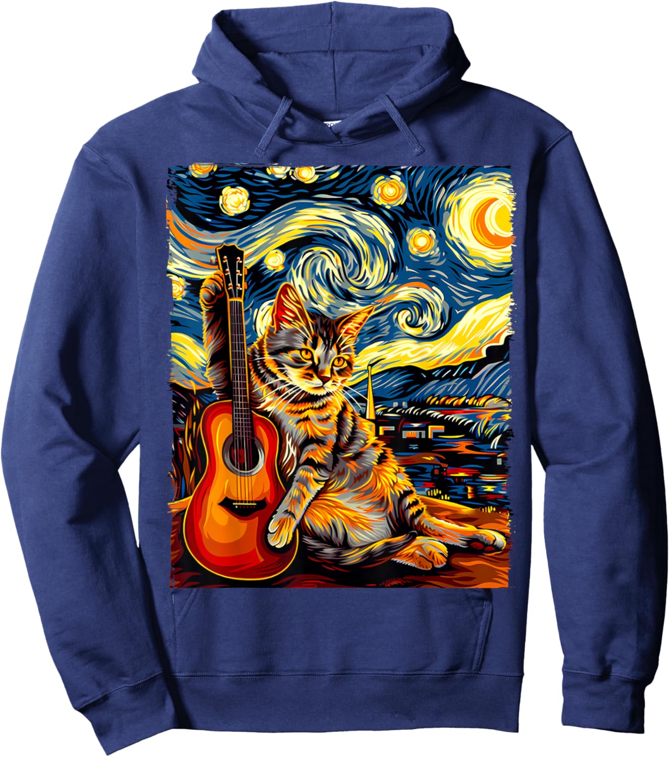 Painting A Cat Playing Guitar in The Starry Night, Cat Art Hoodie - Hoodie | Navy