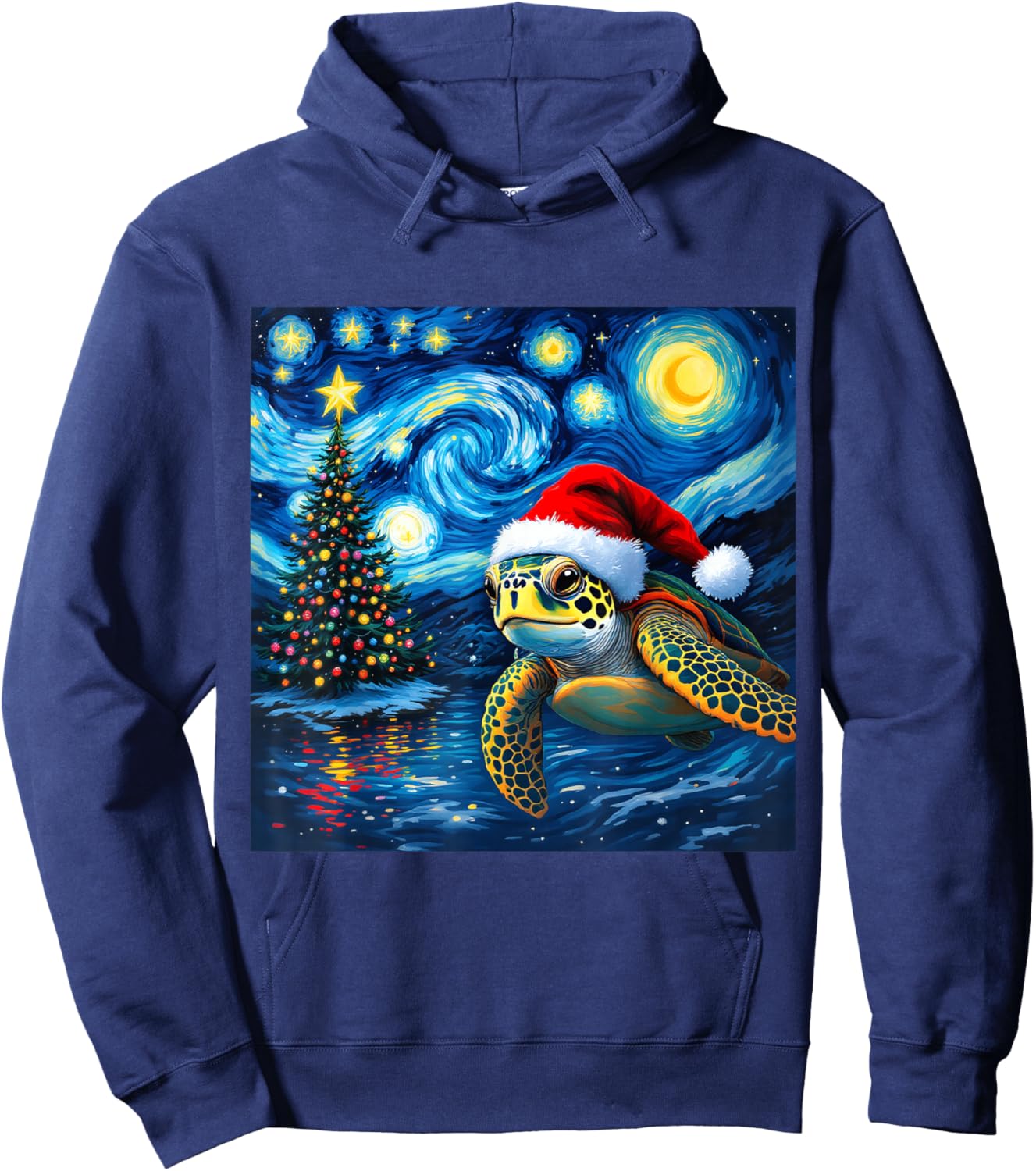 Christmas Sea Turtle Santa Hat Van Gogh Starry Night Holiday Hoodie - Hoodie | Navy