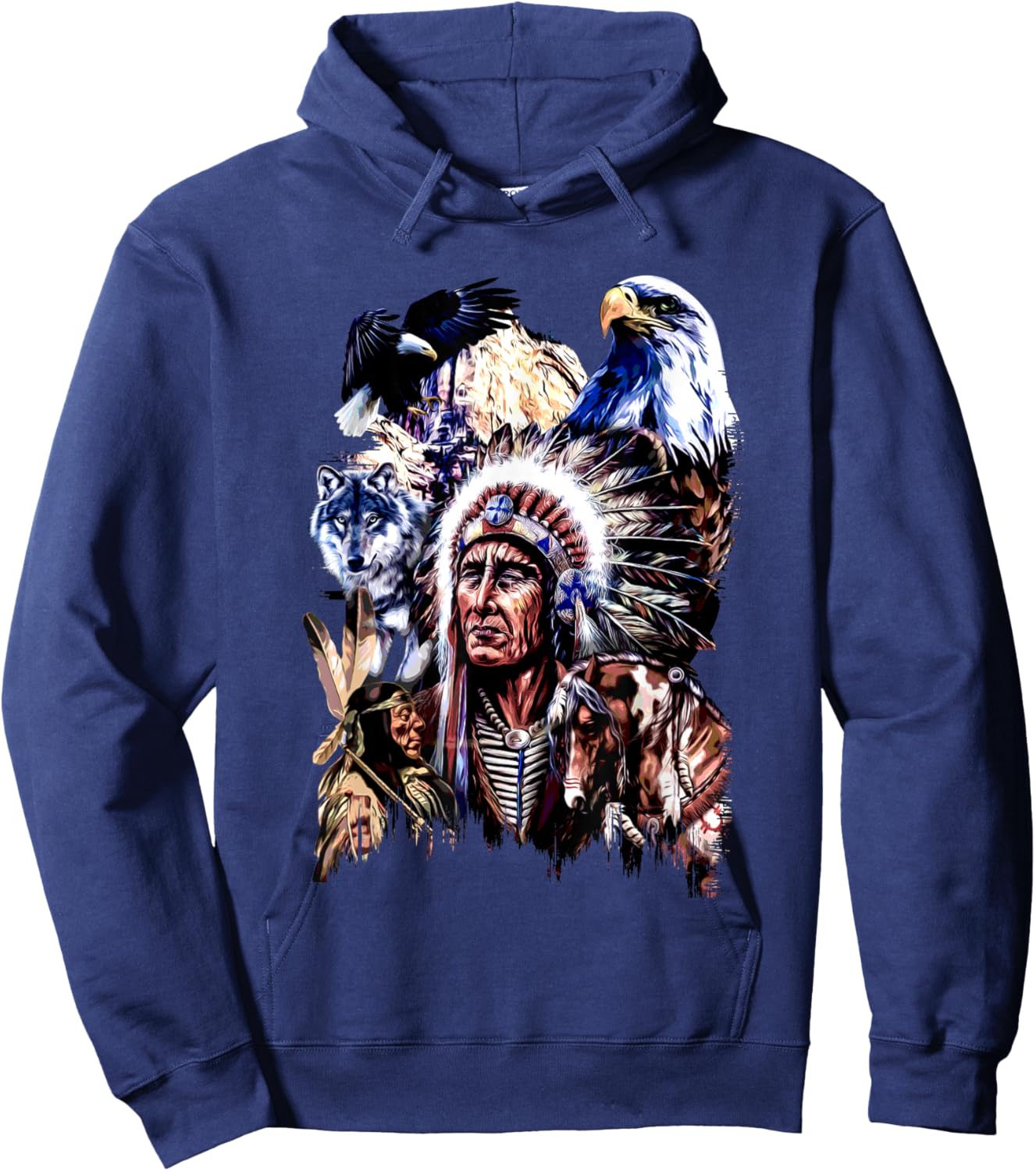 American Indigenous Art Native Indian Chief Headdress Hoodie - Hoodie | Navy