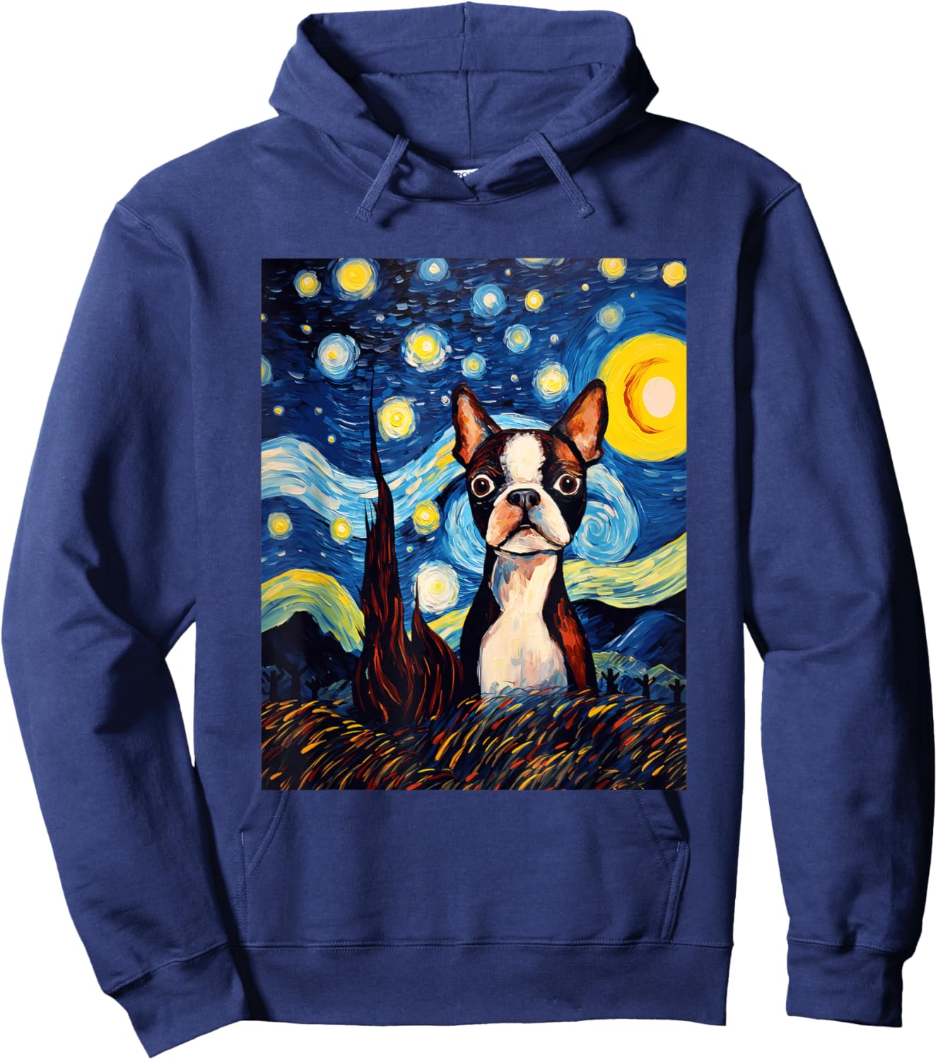 Boston Terrier Starry Night Van Gogh Art Hoodie - Hoodie | Navy