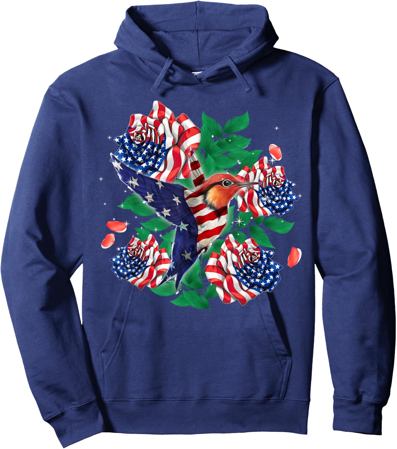 Hummingbird and Rose American Flag Patriotic 4th Of July Men Hoodie - Hoodie | Navy