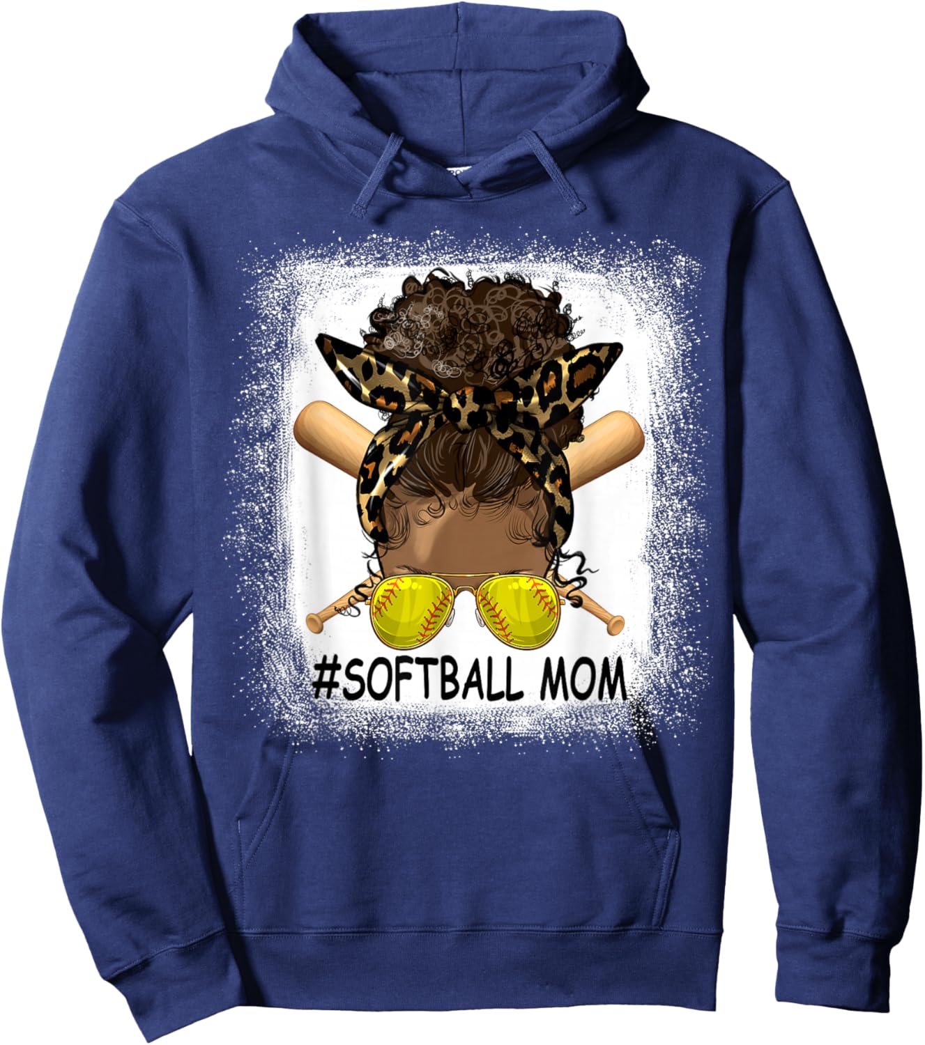 Afro Messy Bun Softball Mom Leopard Black Mommy Mother's Day Hoodie - Hoodie | Navy