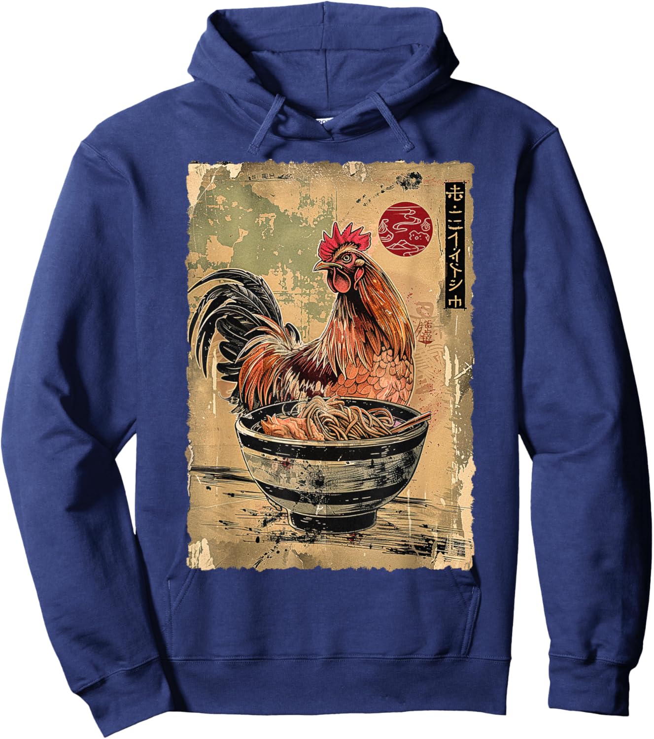 Chicken Eating Ramen Noodles Japanese Woodblock Ukiyoe Art Hoodie - Hoodie | Navy