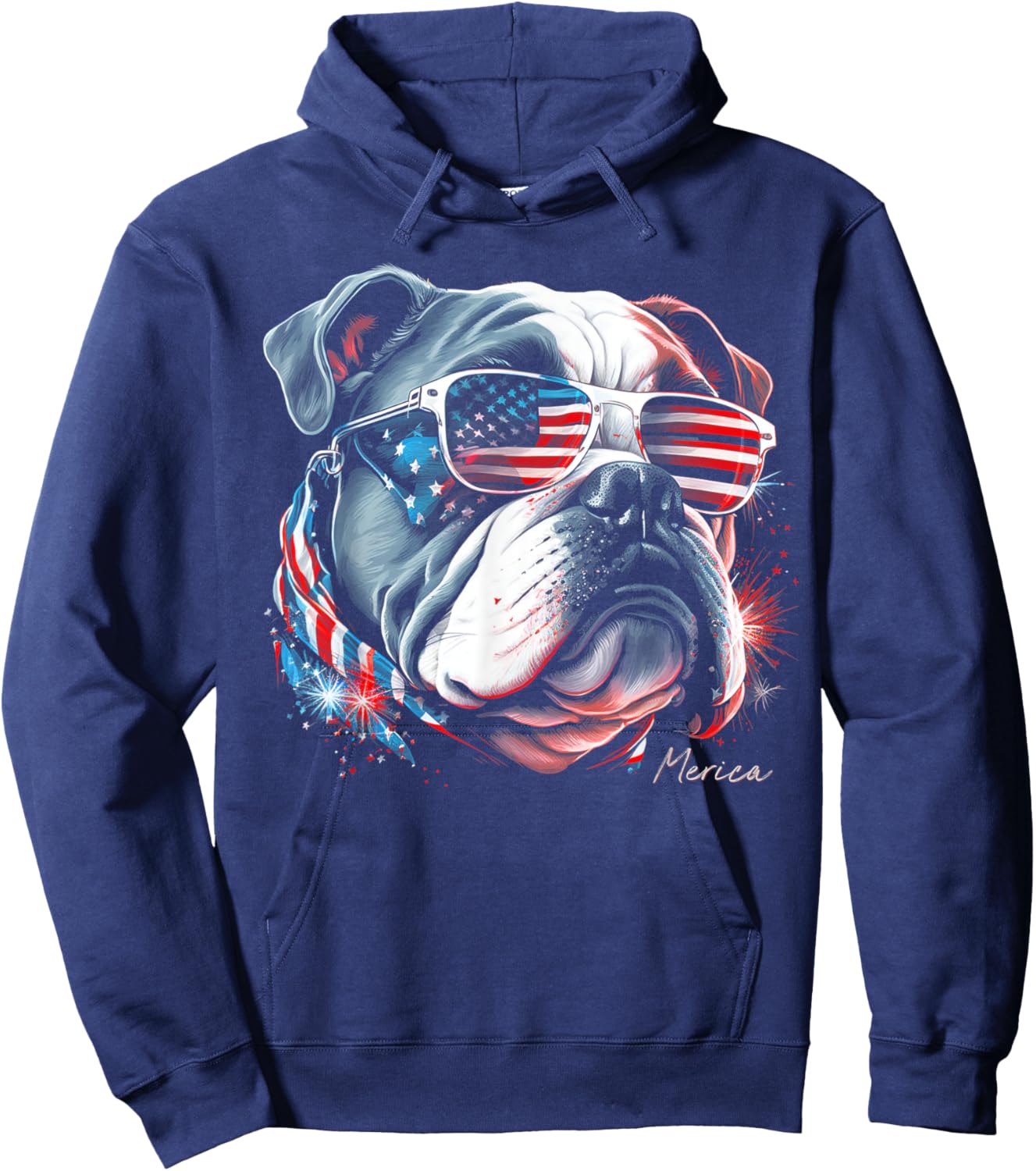 English Bulldog Dog 4th of July American Flag USA Funny Hoodie - Hoodie | Navy