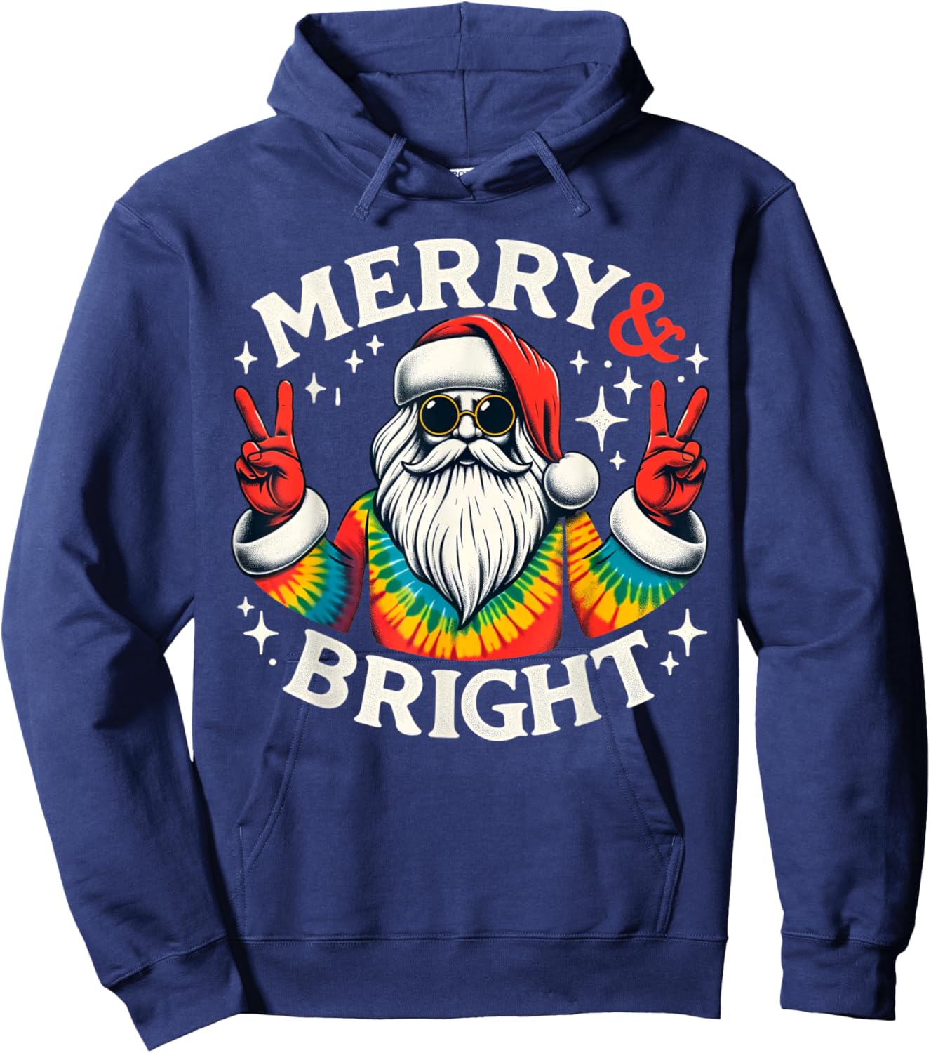 Vintage Retro Merry And Bright Hippie Santa Peace Christmas Hoodie - Hoodie | Navy