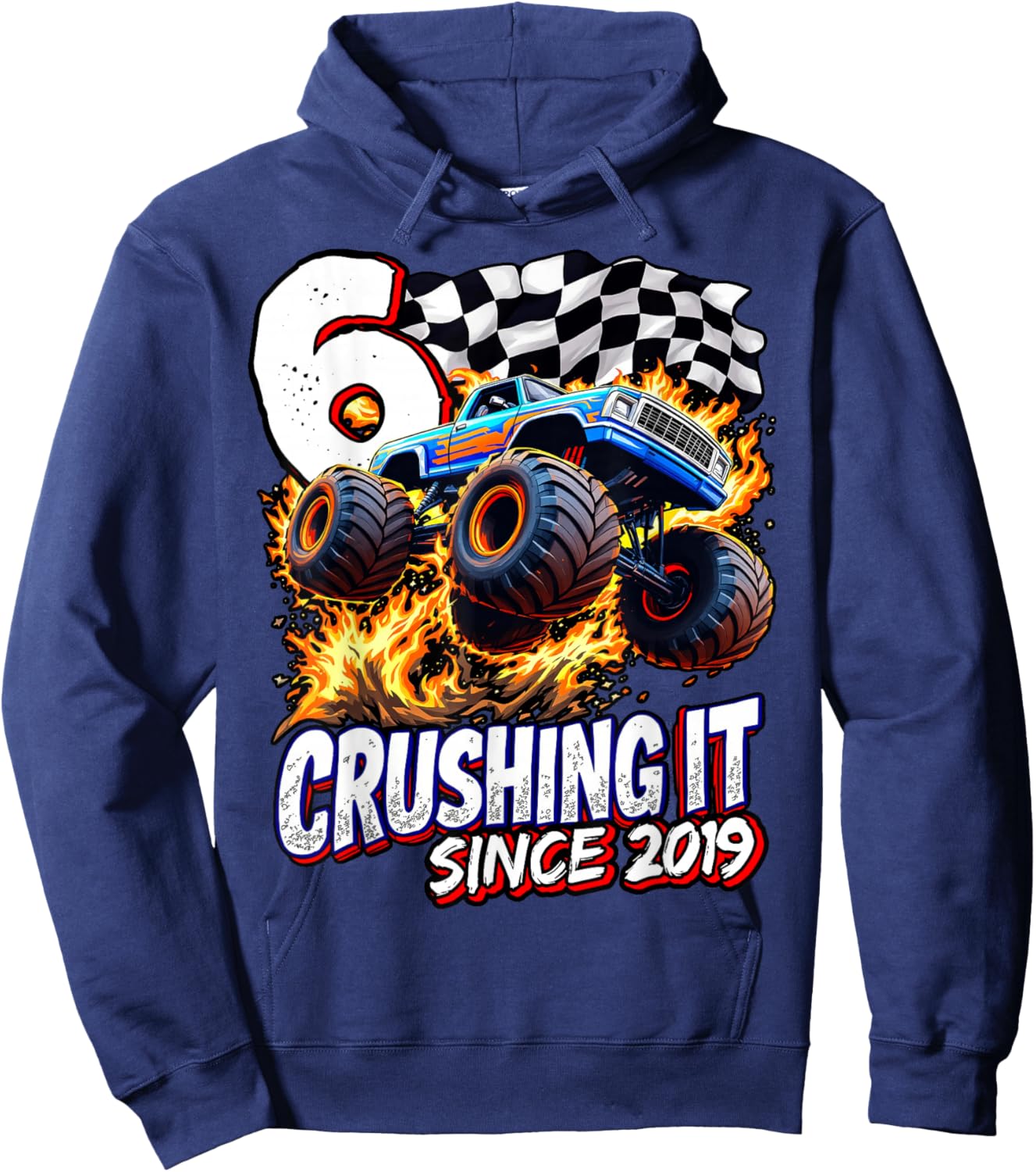 Birthday Monster Truck 6 year Old Boys 6th Party Born 2019 Hoodie - Hoodie | Navy