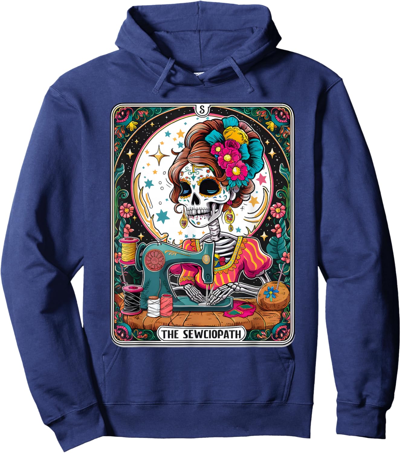 The Sew-ciopath Funny Tarot Card Sewing Skeleton Hoodie - Hoodie | Navy