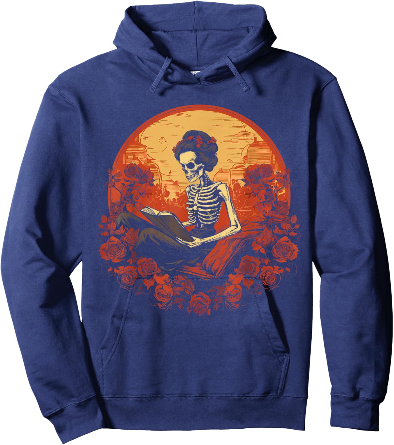 Vintage Spooky Bookworm Reader Skeleton Women, Girls Hoodie - Hoodie | Navy