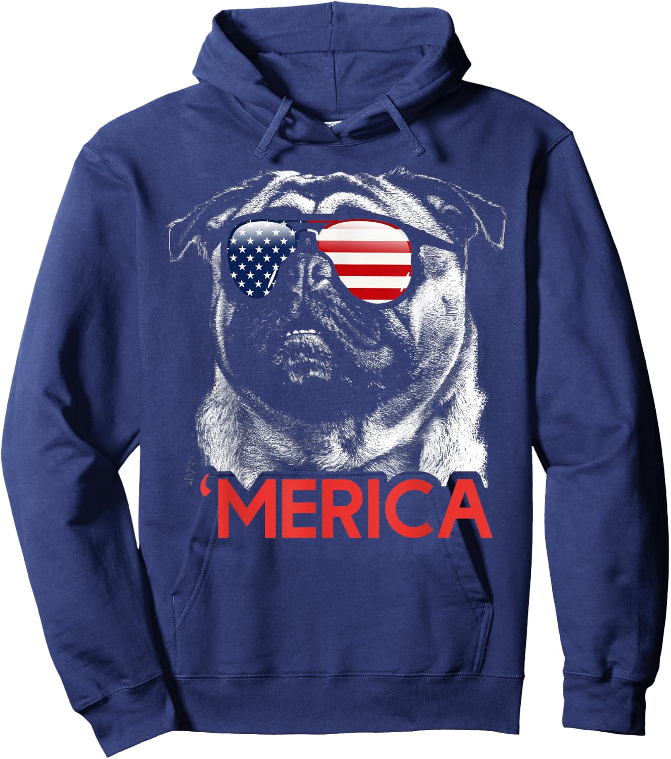 Merica Pug American Flag 4th of July Independence Day Women Men Hoodie - Hoodie | Navy