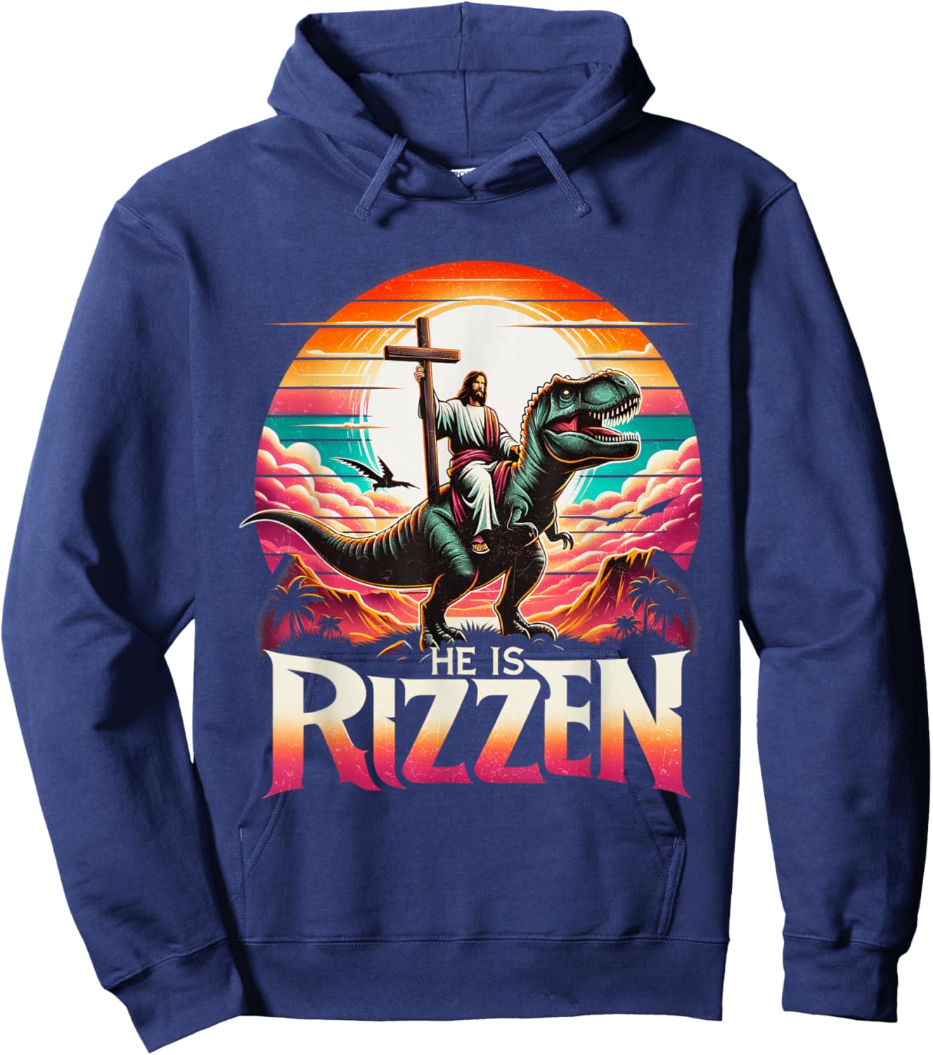 He Is Rizzen Jesus Has Rizzen Retro Christian Dinosaur Hoodie - Hoodie | Navy