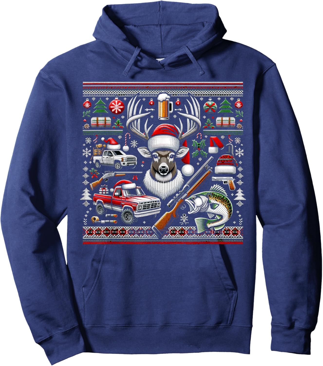 Deer Hunting Bass Fishing Redneck Ugly Christmas Hoodie - Hoodie | Navy