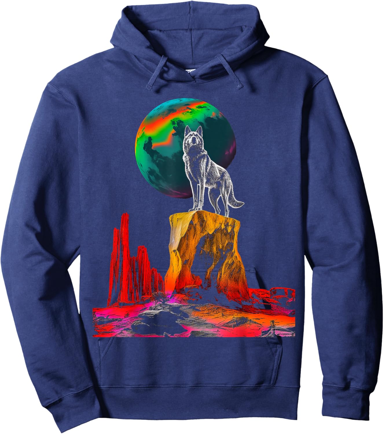 Wolf Moon Colorful Animal Nature Stones Art Wolf Hoodie - Hoodie | Navy