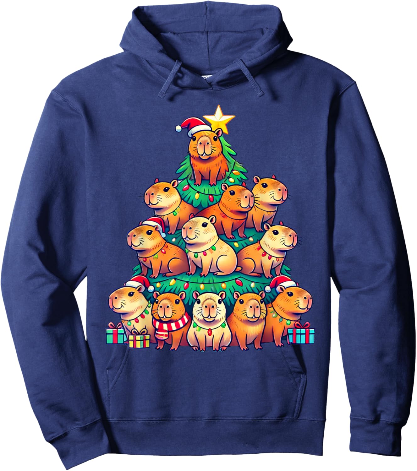 Capybara Christmas Tree Apparel -Adult Capybara Xmas Hoodie - Hoodie | Navy