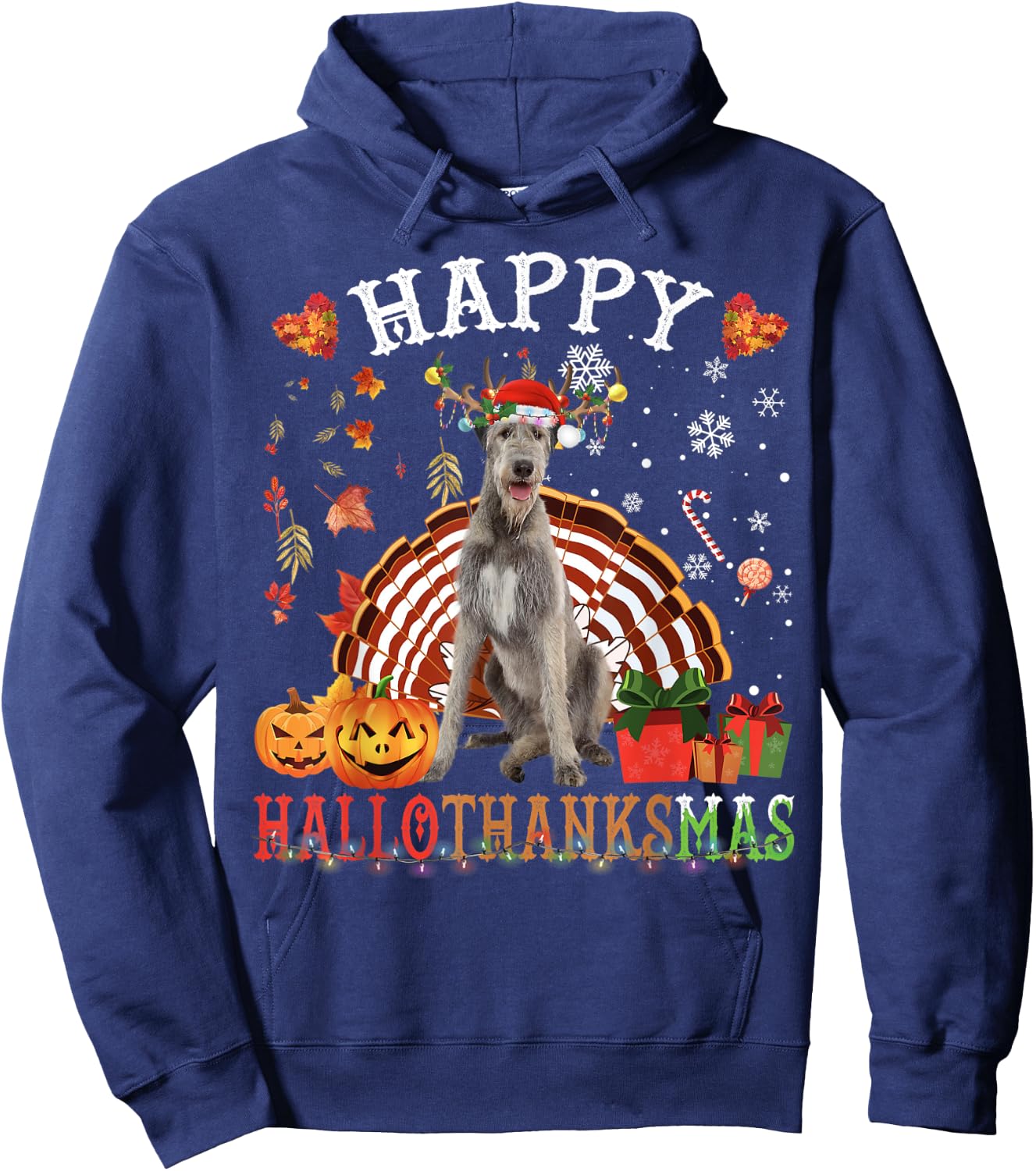 Halloween Thanksgiving Christmas Irish Wolfhound XMas Hoodie - Hoodie | Navy