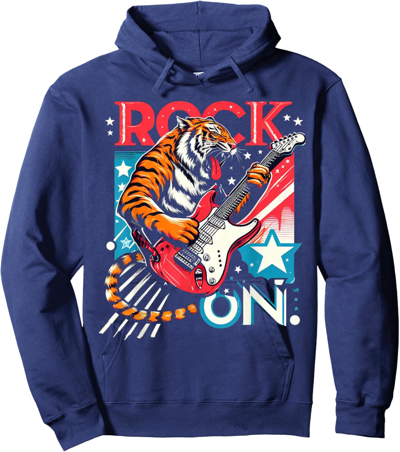 Tiger Man Rock on Playing Guitar Music Vintage Guitarist Hoodie - Hoodie | Navy