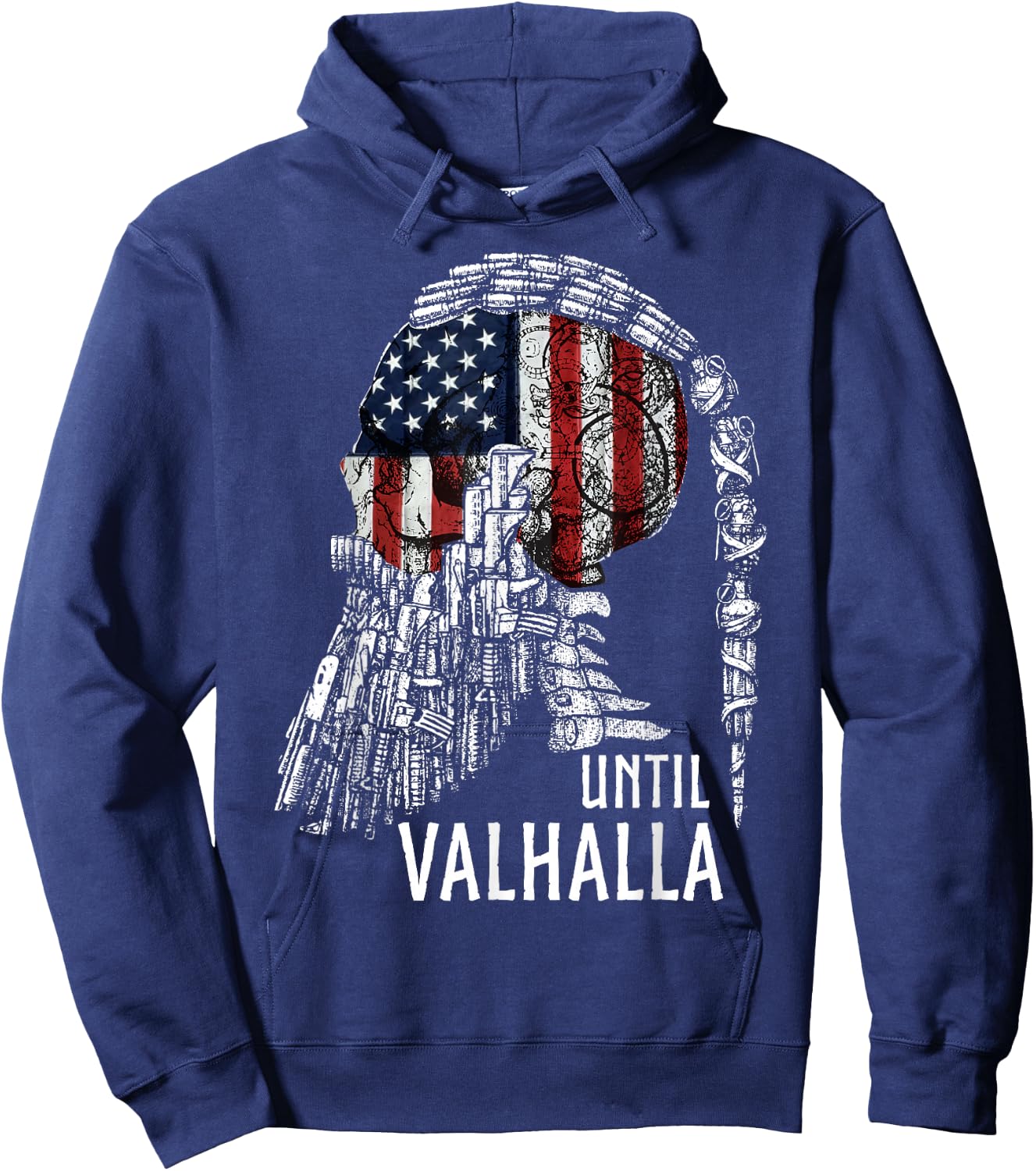 Until Valhalla, Skull American Flag, Viking US Patriot Hoodie - Hoodie | Navy