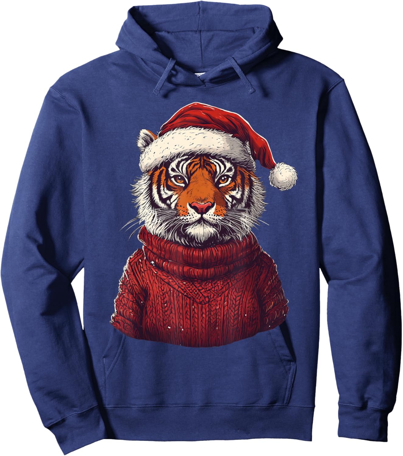 Tiger Ugly Sweater Santa Hat Christmas Hoodie - Hoodie | Navy