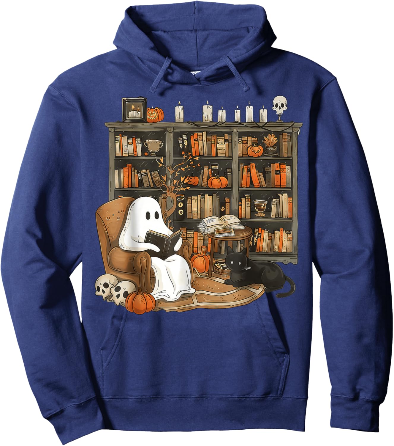 Retro Ghost Reading Books cat, Librarian Ghost Halloween Hoodie - Hoodie | Navy