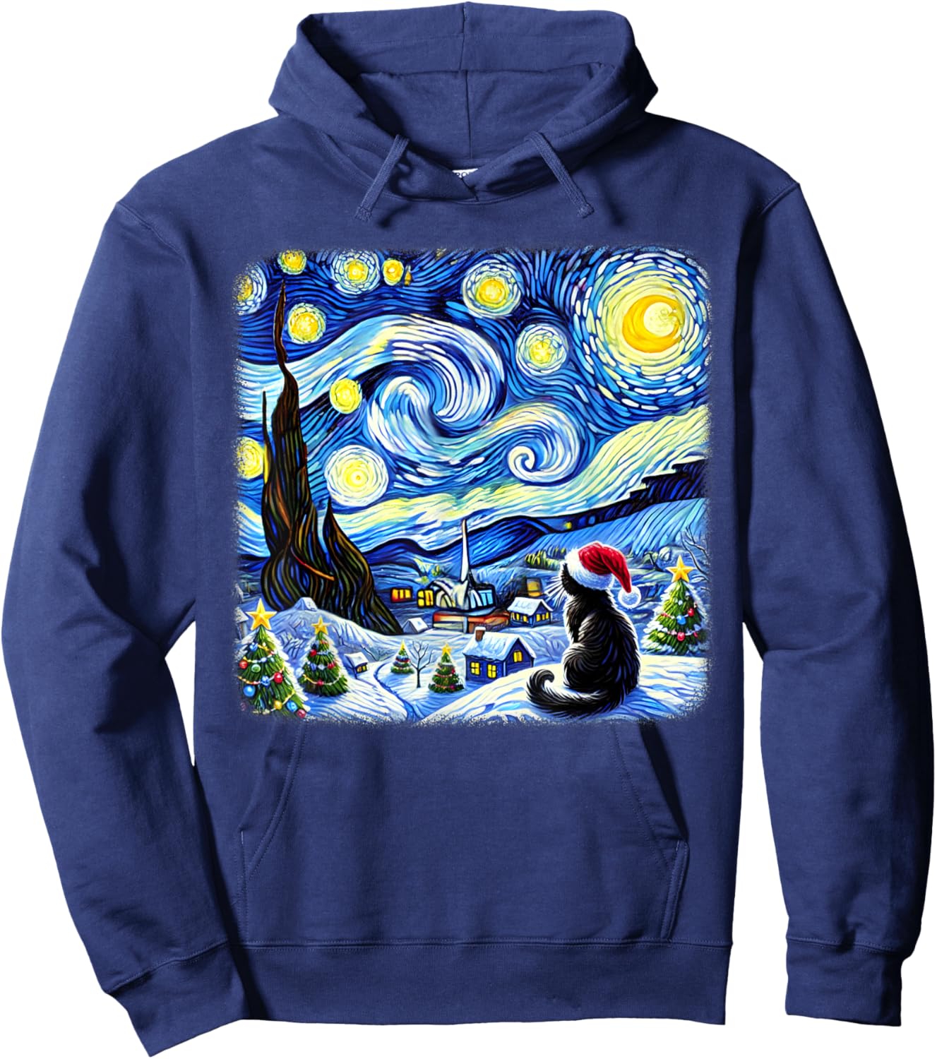 Christmas Van Gogh Starry Night Black Cat Santa Hat Xmas Hoodie - Hoodie | Navy