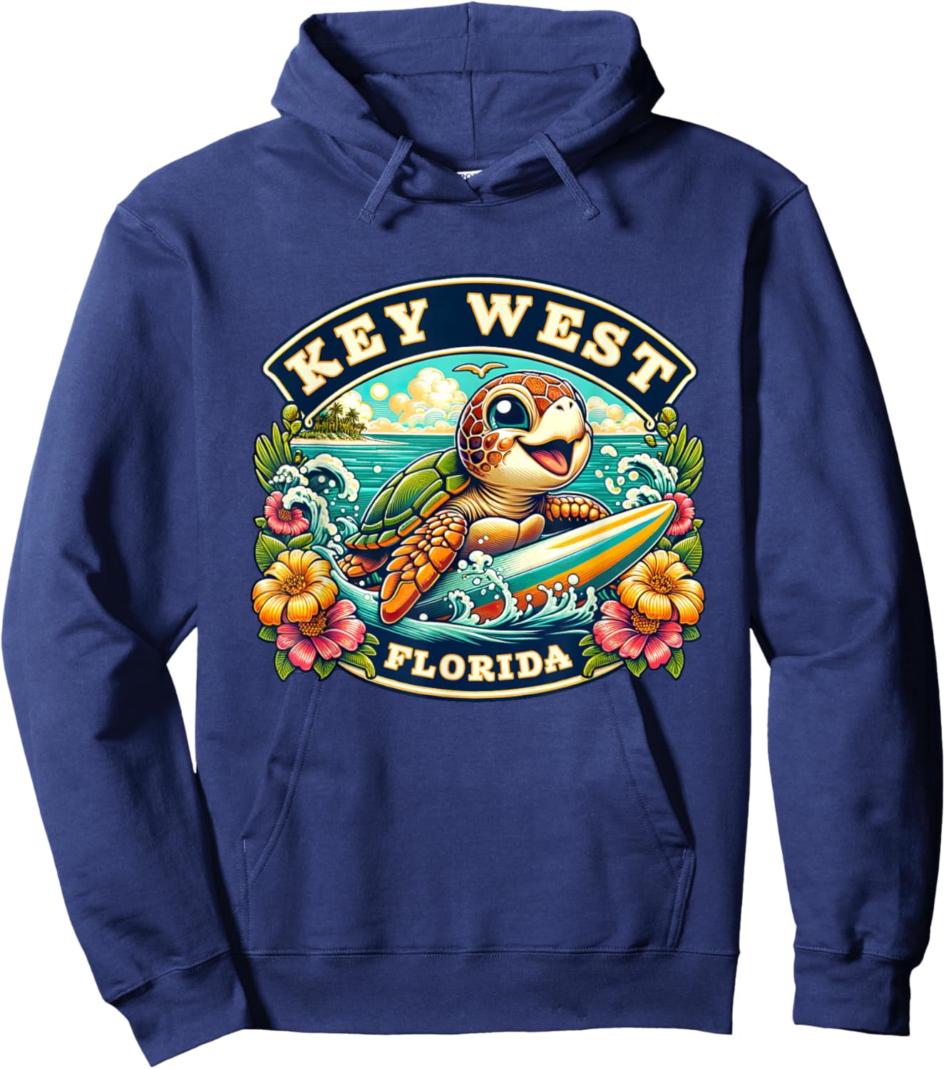 Key West Florida Cute Sea Turtle Surfing Hoodie - Hoodie | Navy