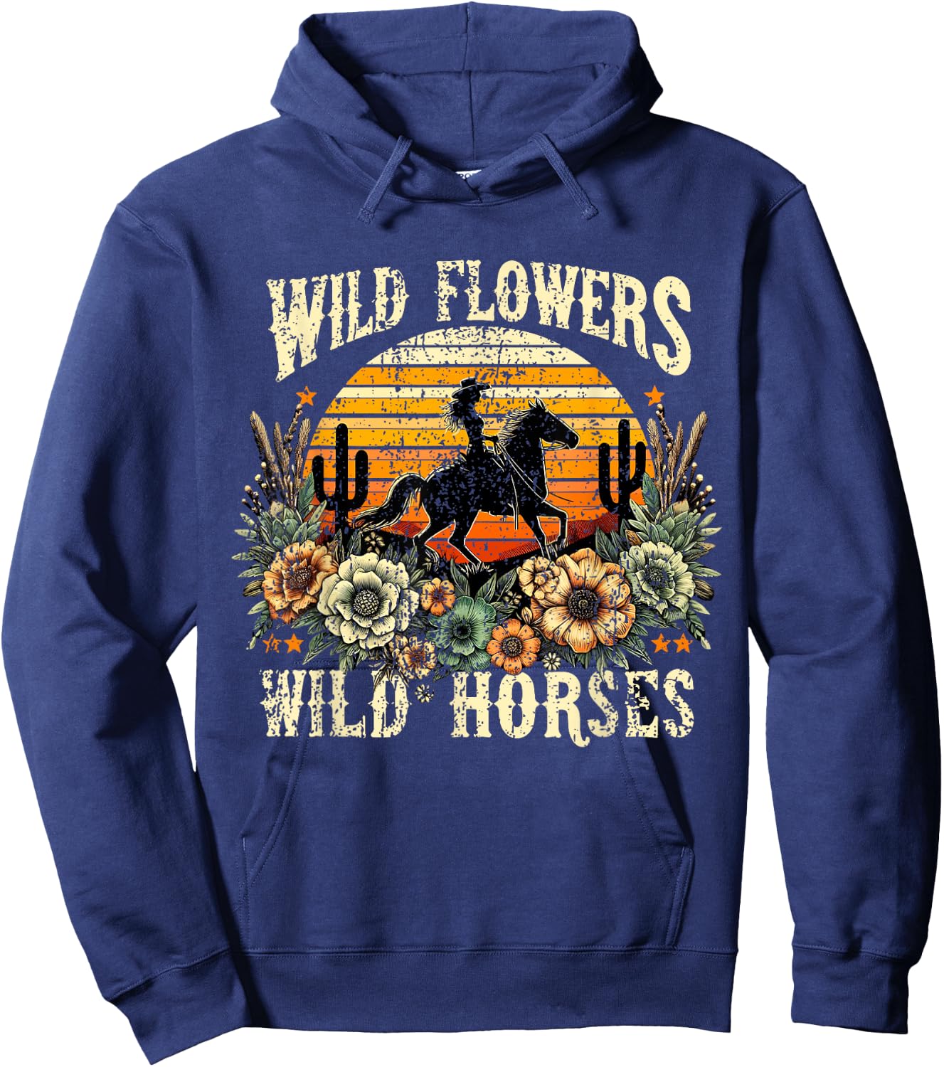Retro Cowgirl Wild Flowers - Wild Horses Vintage Style Hoodie - Hoodie | Navy