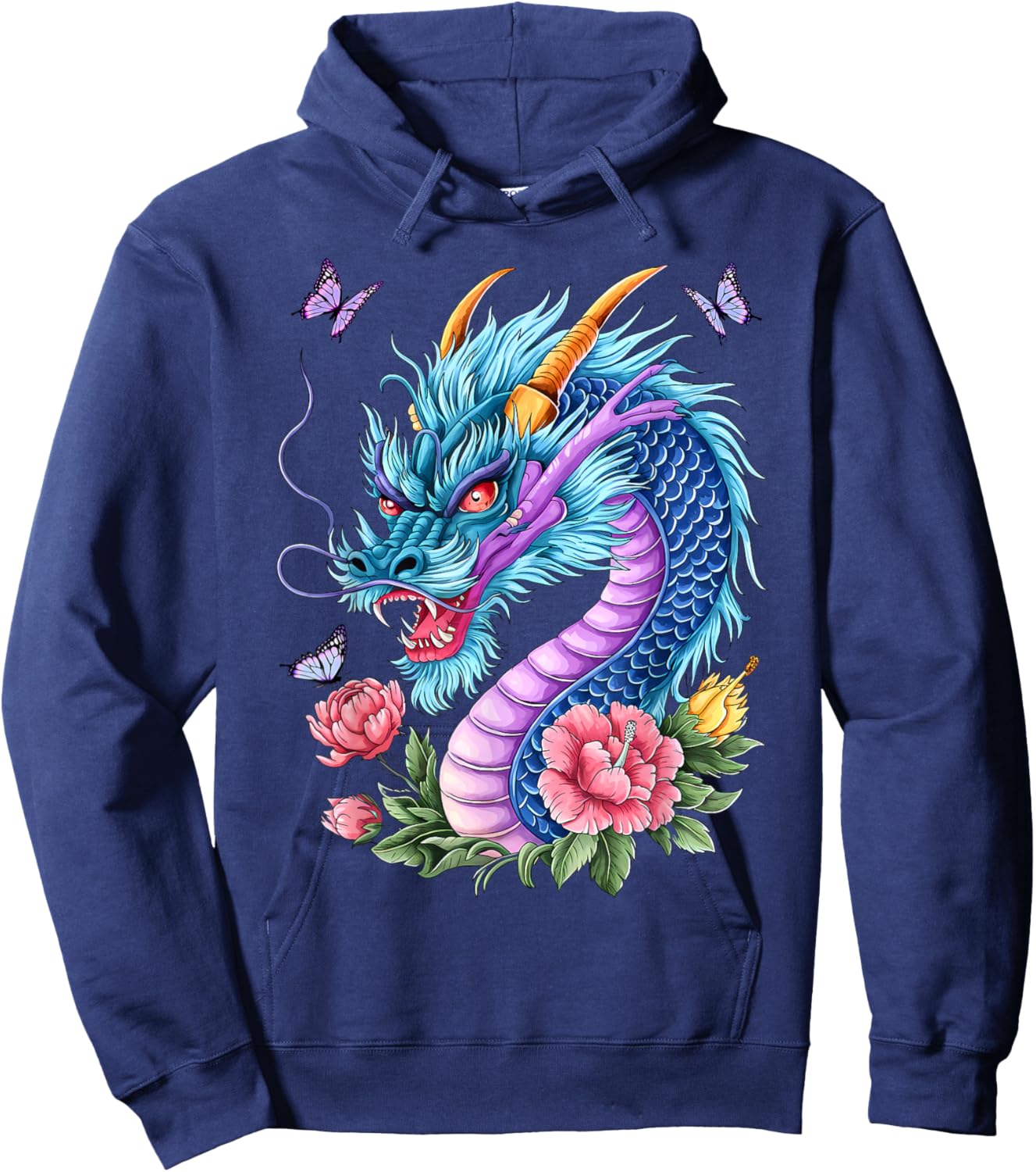 Watercolor Dragon Flowers Beautiful Art Colorful Graphic Hoodie - Hoodie | Navy
