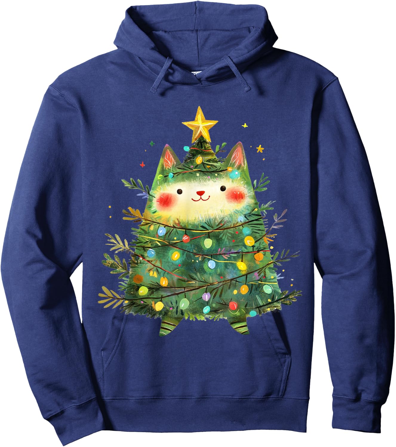 Cat Christmas Tree Pajamas Girls Boys Xmas Lights Hoodie - Hoodie | Navy