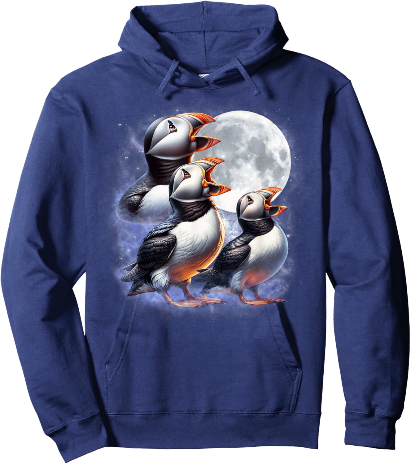 Three Puffins Moon Funny Puffin Howling Wolfs Moon Parody Hoodie - Hoodie | Navy