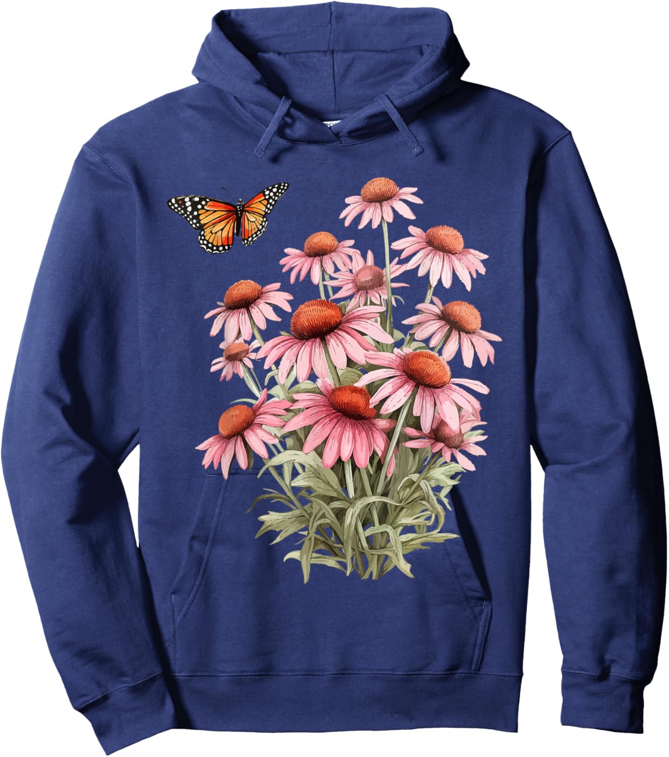 Echinacea Cone Flower Monarch Butterfly Pollinator Habitat Hoodie - Hoodie | Navy