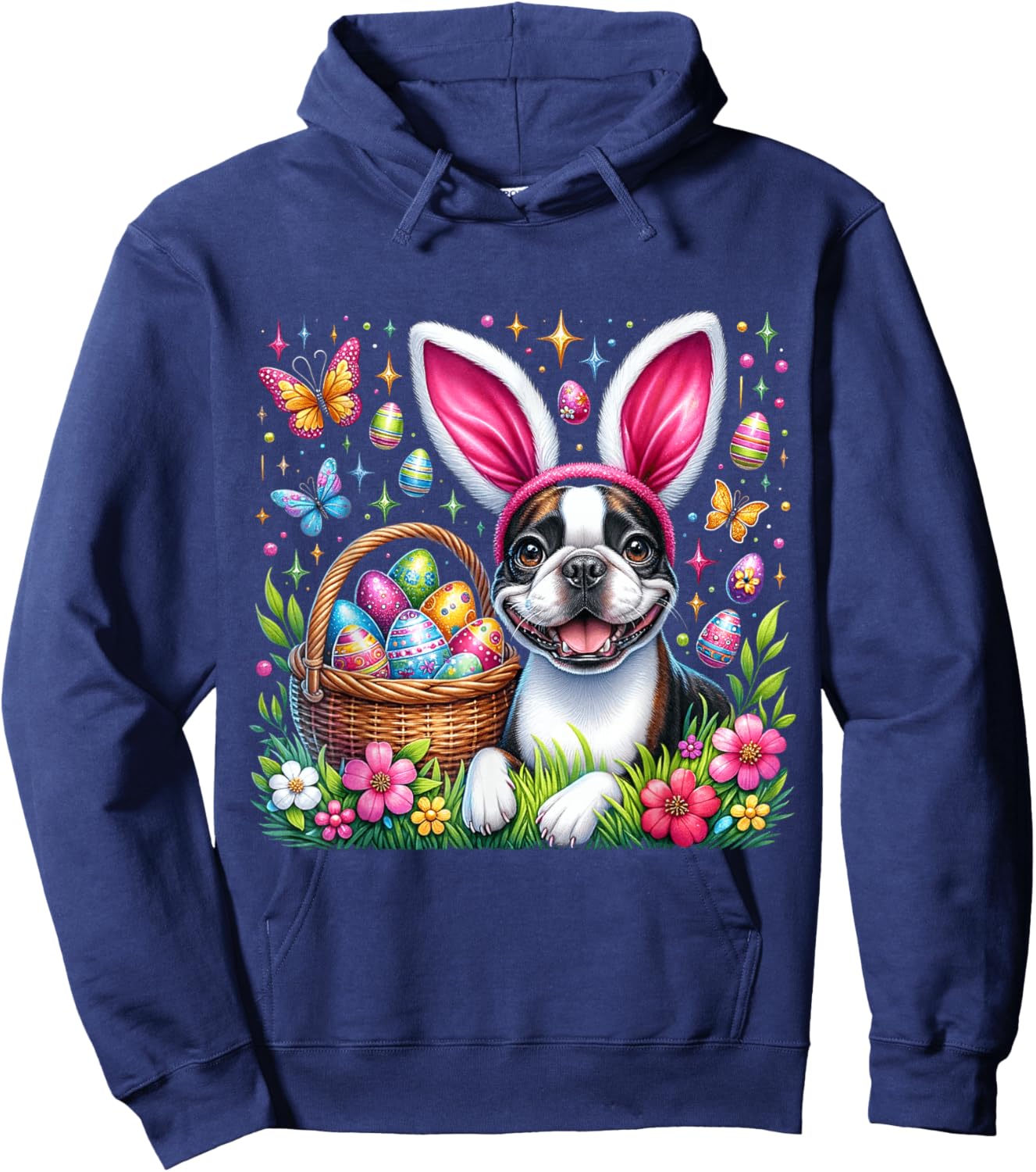 Cute Bunny Boston Terrier Dog Easter Eggs Basket Easter Day Hoodie - Hoodie | Navy