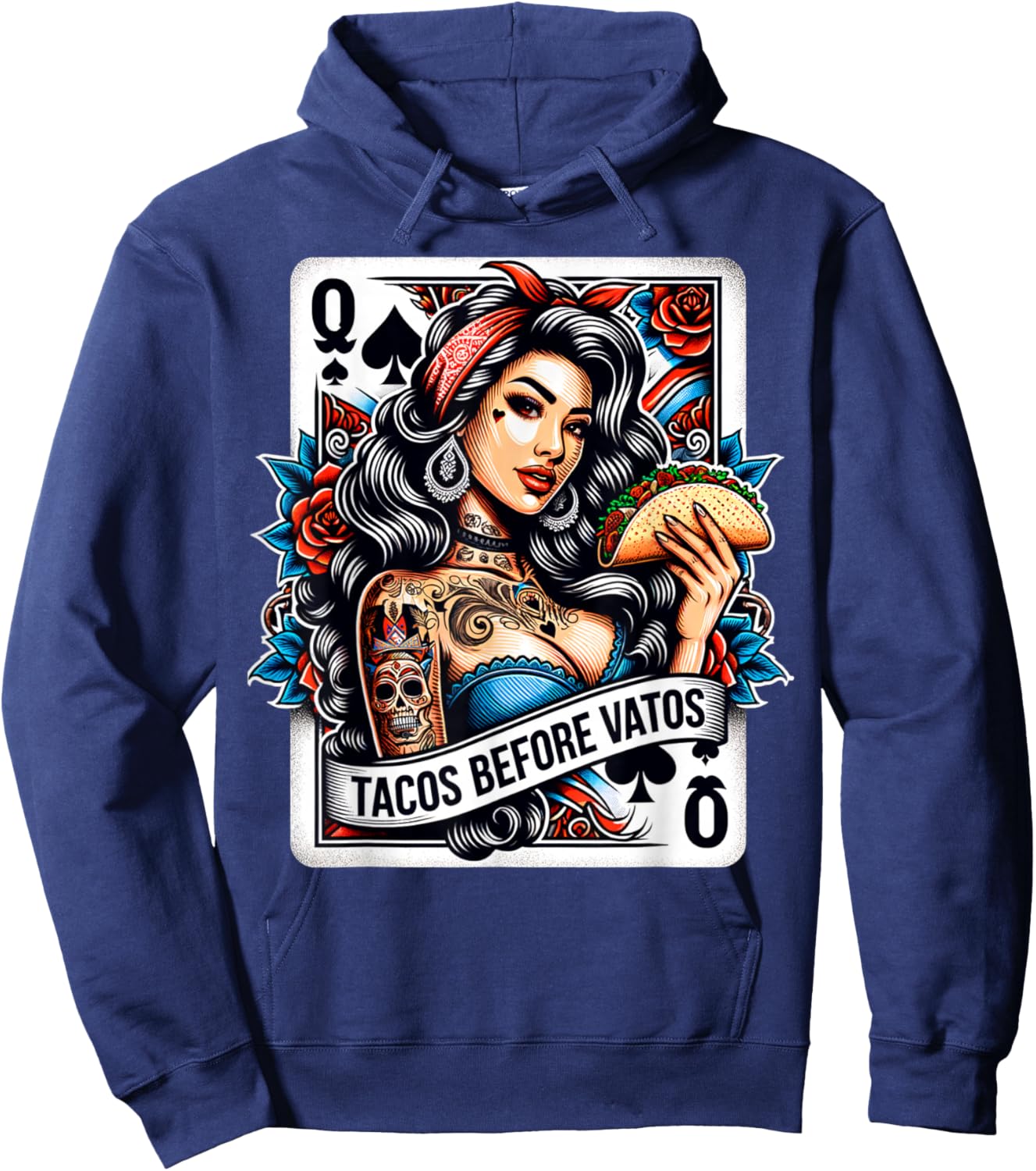 Tacos Before Vatos Mexican Latina Chicana Pin-Up Girl Tattoo Hoodie - Hoodie | Navy