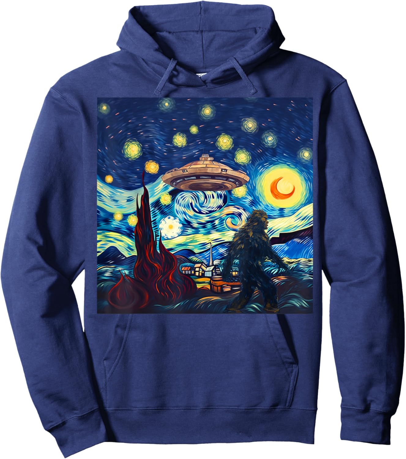 Funny UFO Bigfoot Starry Night Alien Art Hiking Yeti Camping Hoodie - Hoodie | Navy