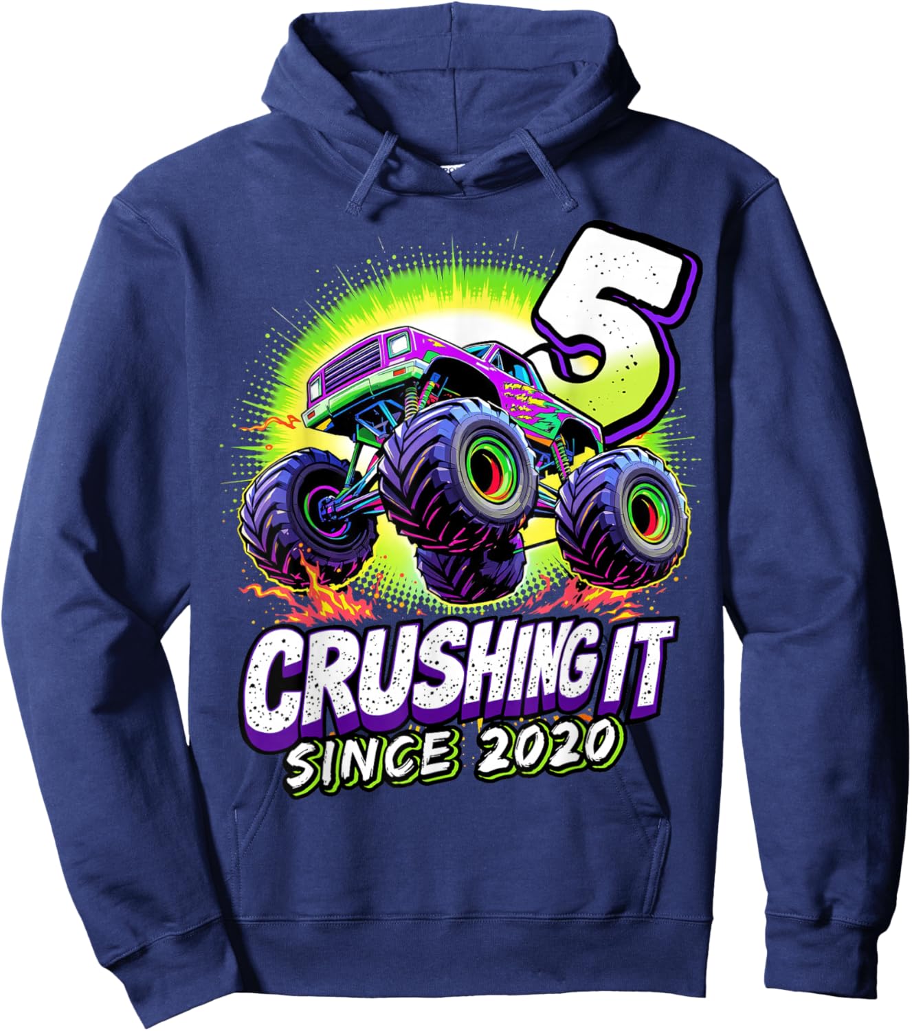 Birthday Monster Truck 5 year Old Boys 5th Party Born 2020 Hoodie - Hoodie | Navy