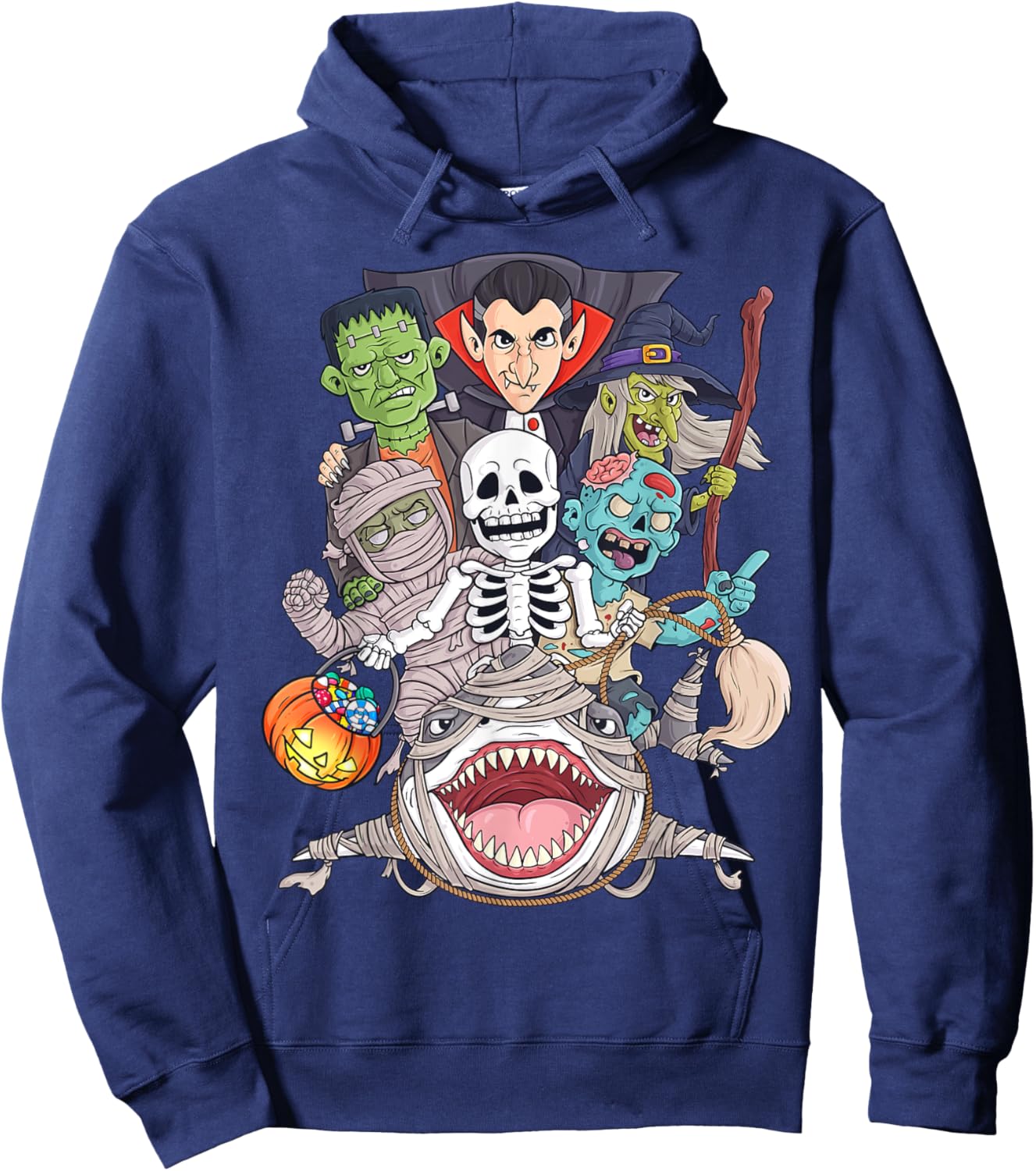 Skeleton Zombie Riding Mummy Shark Funny Halloween Pumpkin Hoodie - Hoodie | Navy