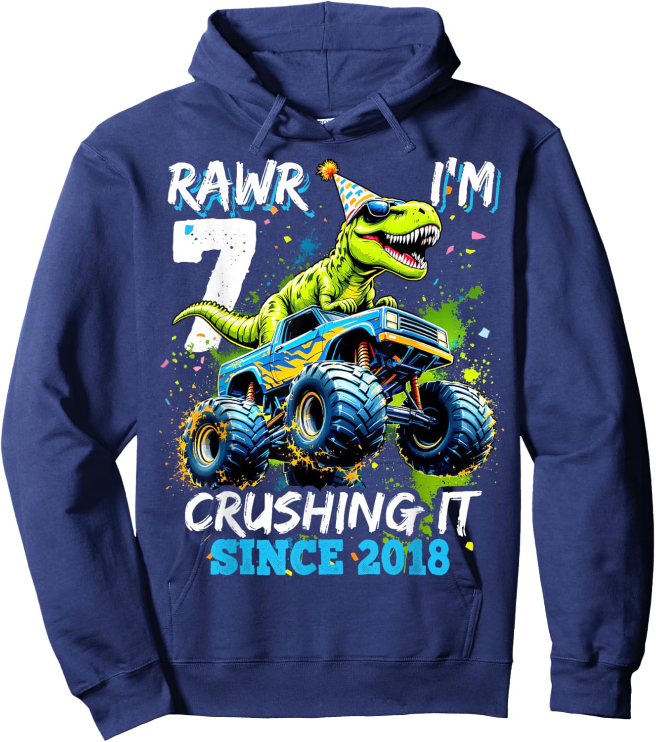 7th Birthday Monster Truck Dinosaur Party Boys Rawr I'm 7 Hoodie - Hoodie | Navy