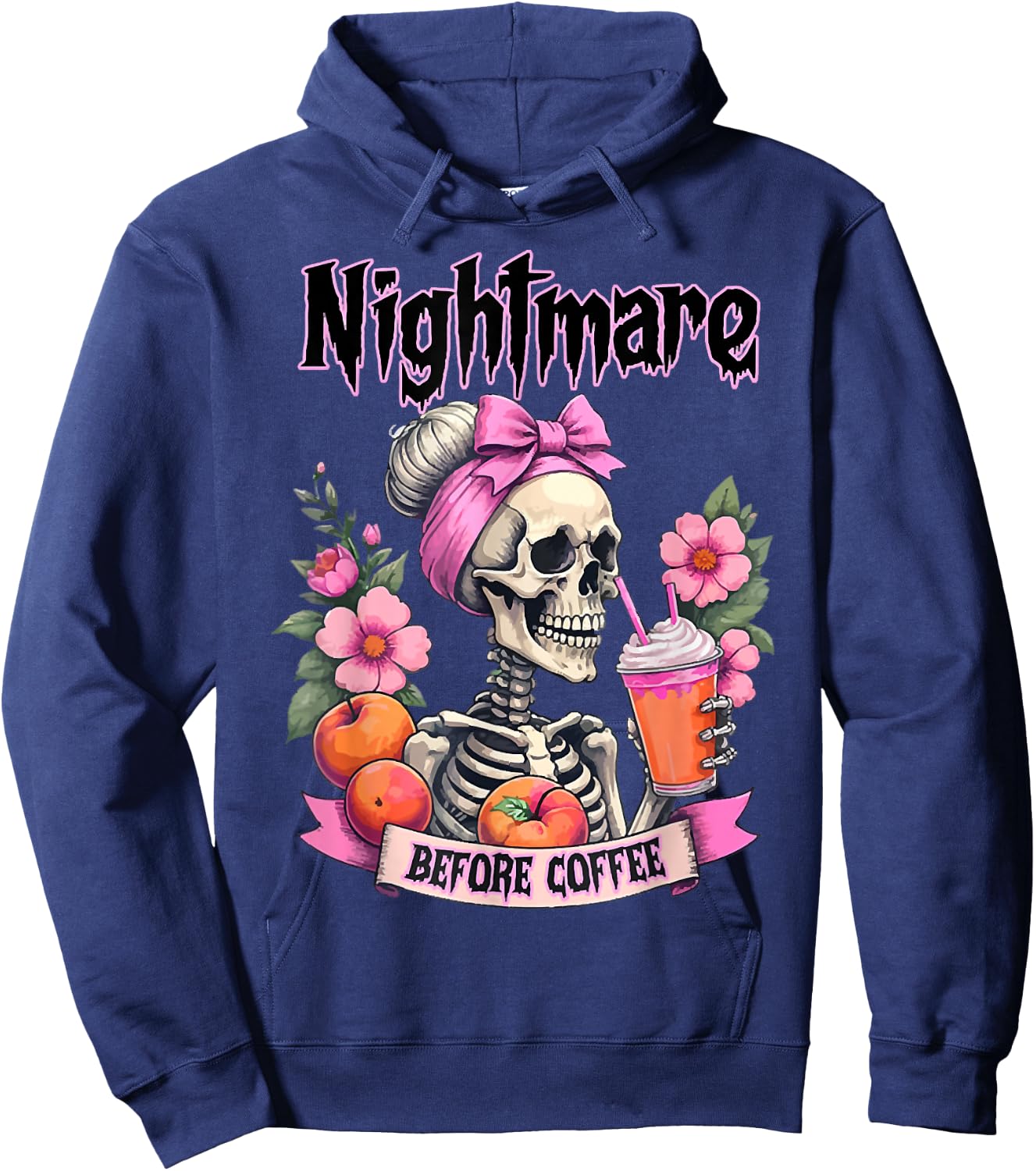 Cute Nightmare Before Coffee Halloween Flower Skeleton Hoodie - Hoodie | Navy