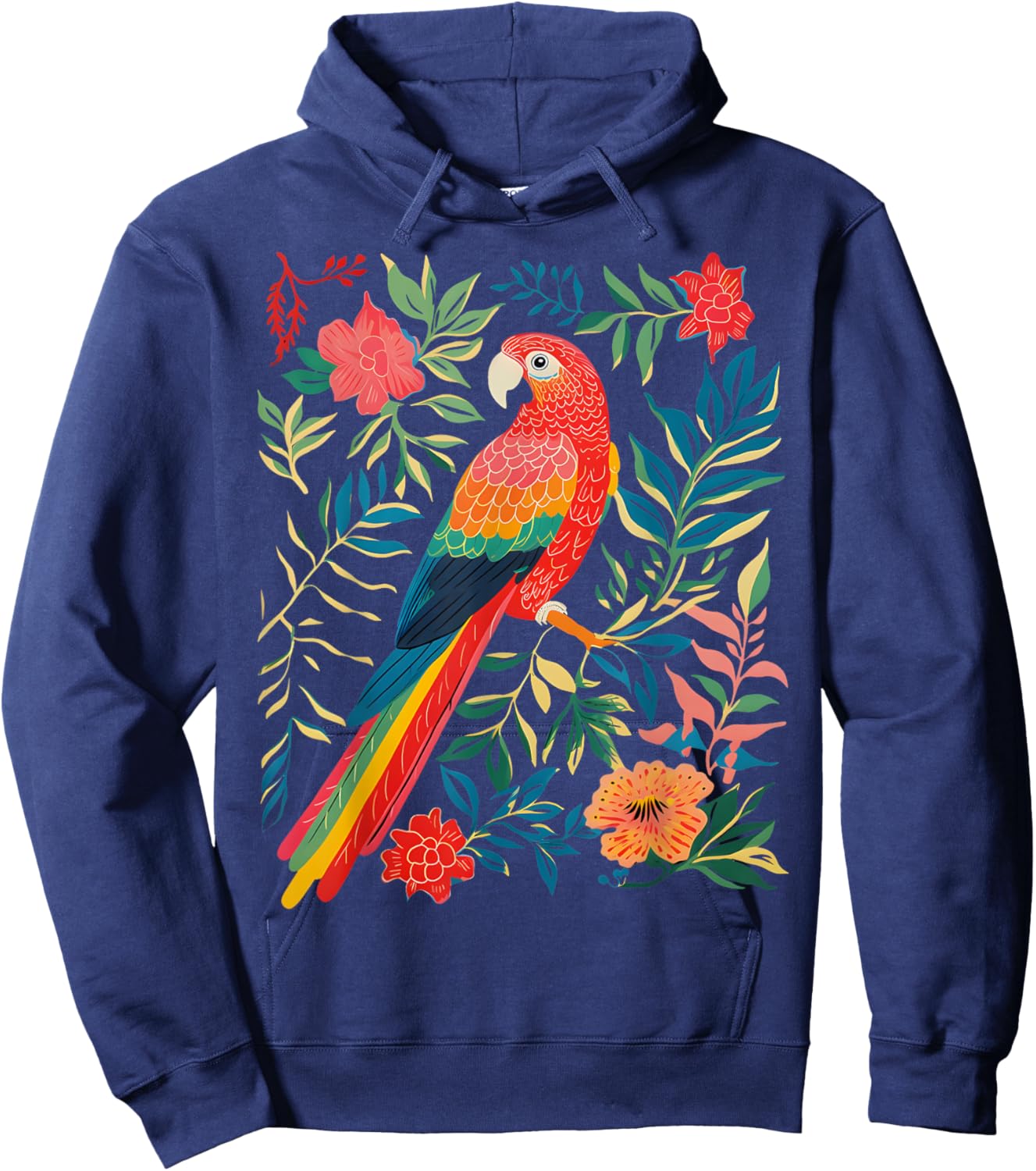 Boho Floral Parrot Scarlet Macaw Birdwatching Bird Lover Hoodie - Hoodie | Navy