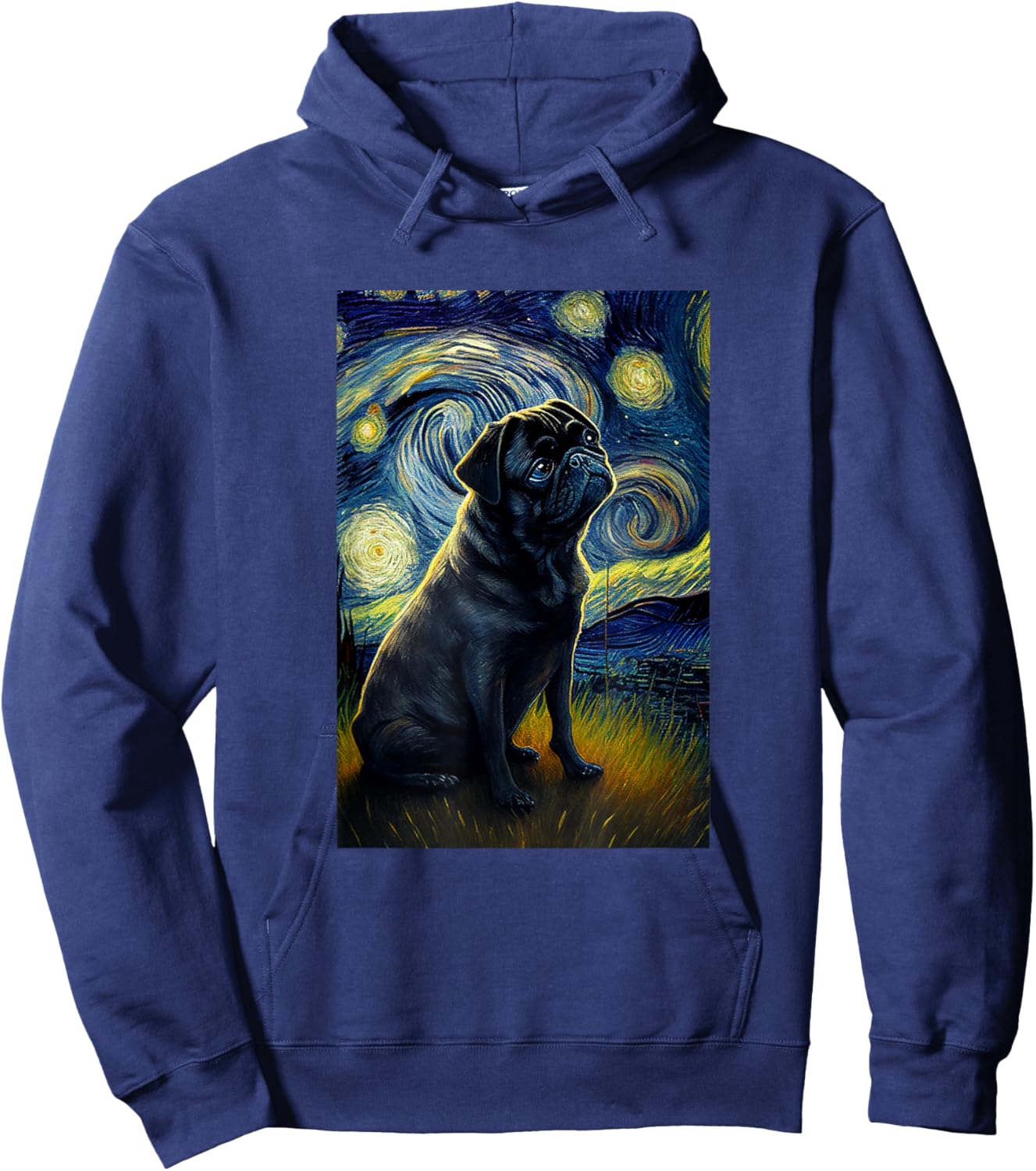 black Pug in Starry Night Painting Dog Mom Dad Hoodie - Hoodie | Navy