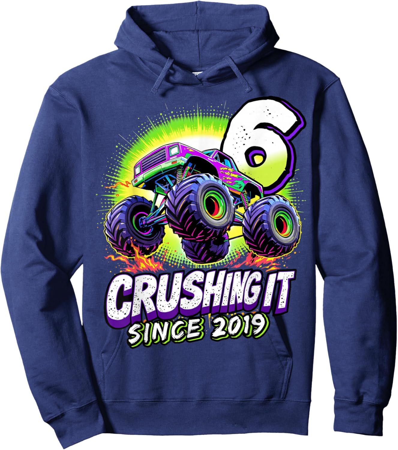 Birthday Monster Truck 6 year Old Boys 6th Party Born 2019 Hoodie - Hoodie | Navy